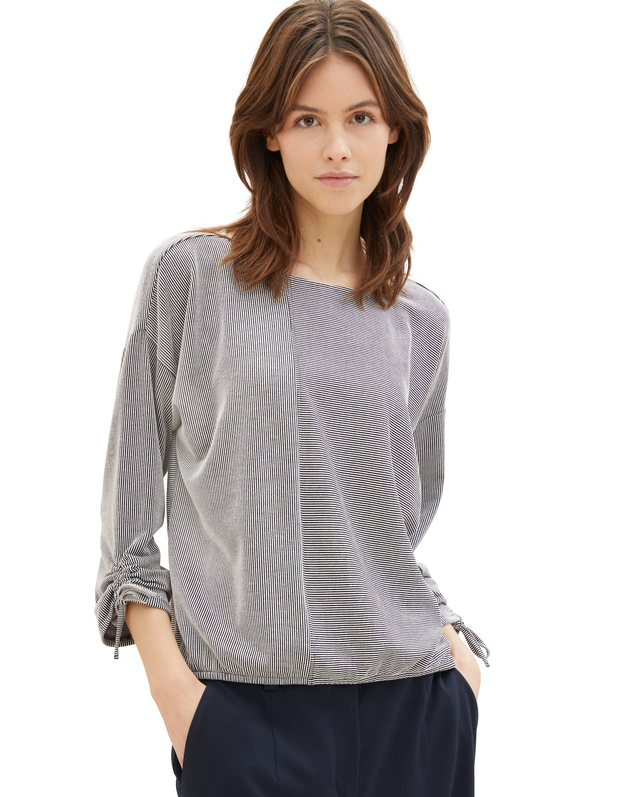 Camiseta de mujer de manga francesa de rayas - Tom Tailor - Gris Gris-3