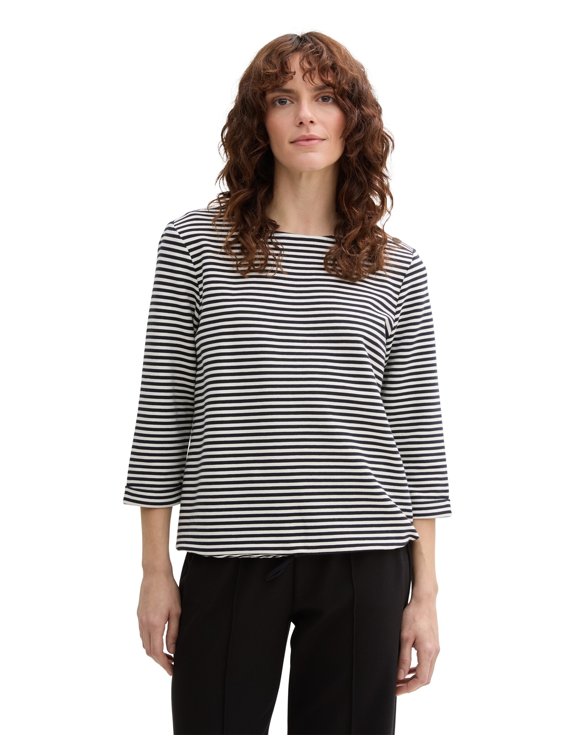 Tom Tailor - Camiseta de manga larga de mujer con cuello redondo y diseño de rayas.