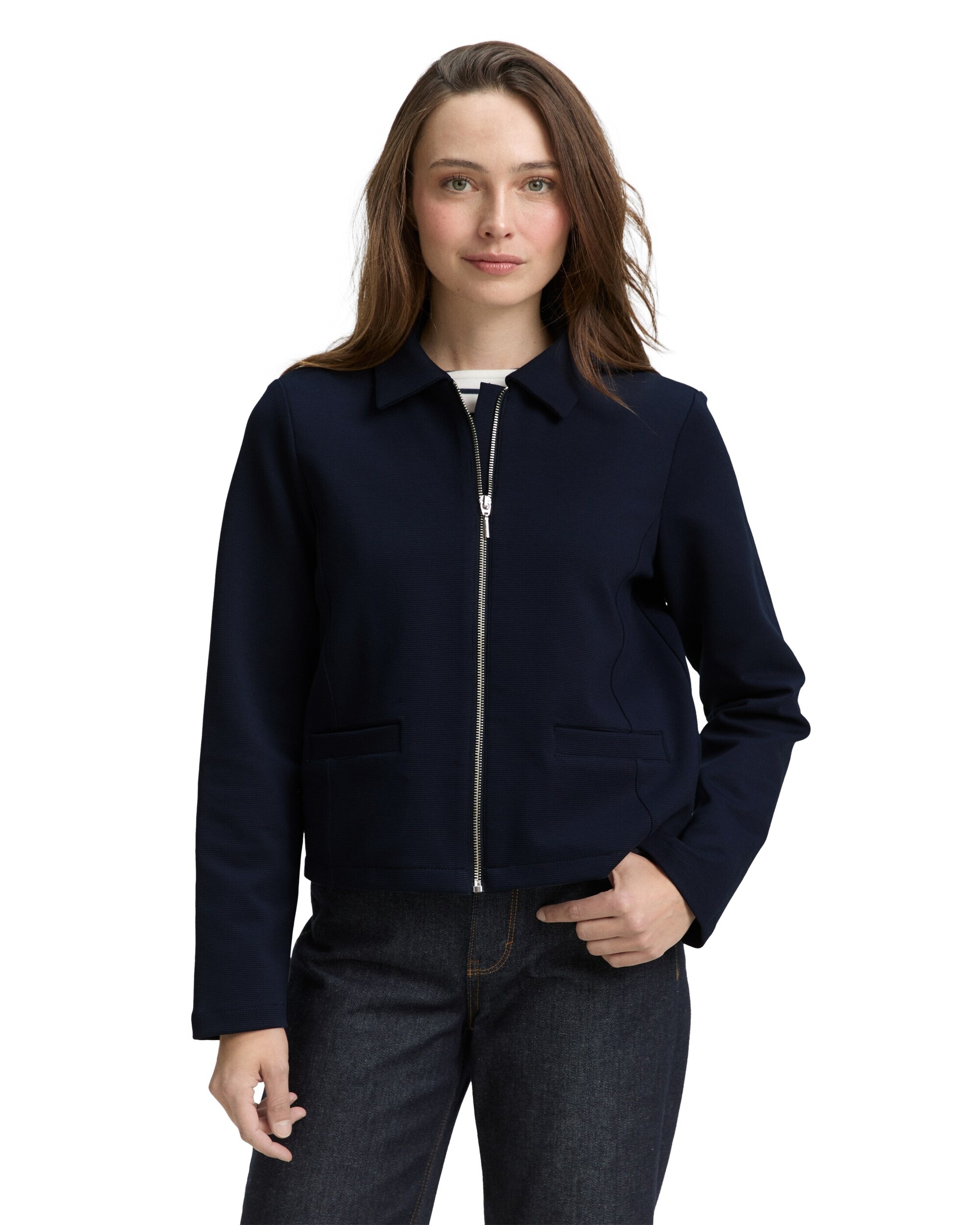 Chaqueta de manga larga de mujer con cremallera, cuello clásico y diseño liso - Tom Tailor - Azul Azul-1