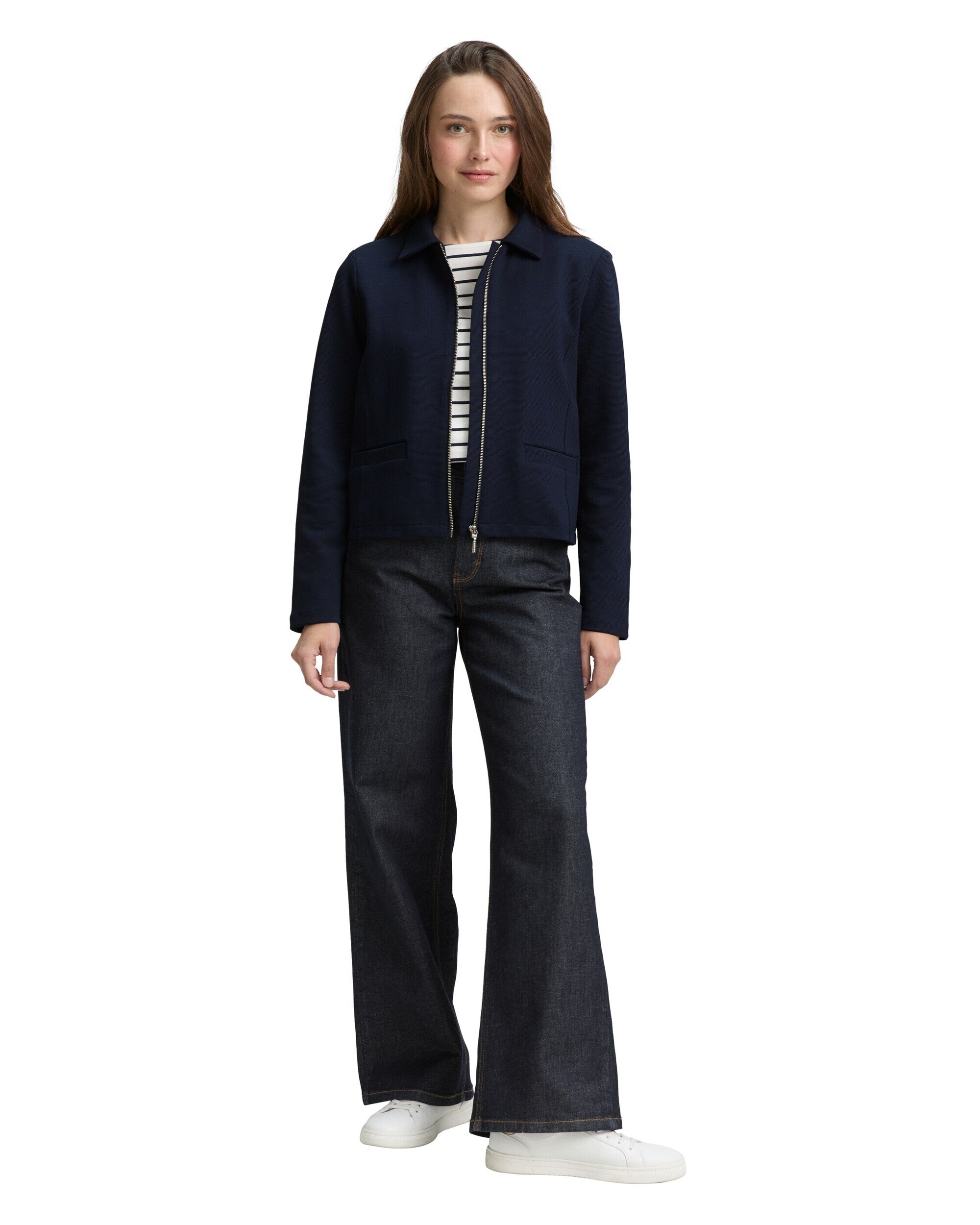 Chaqueta de manga larga de mujer con cremallera, cuello clásico y diseño liso - Tom Tailor - Azul Azul-3