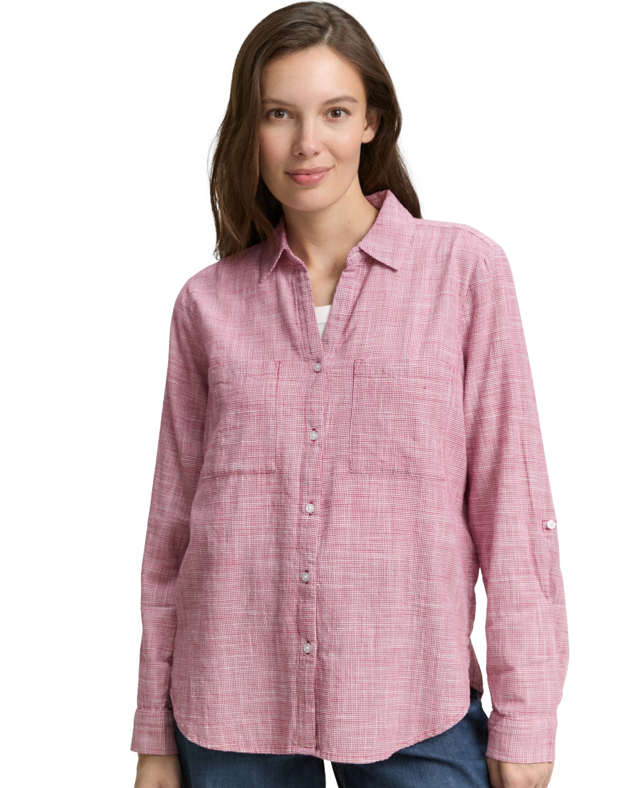 Imagen 1 de Camisa de manga larga de mujer con cuello de pico, botones, bolsillos y estampado de cuadros - Tom Tailor - Rosa Rosa