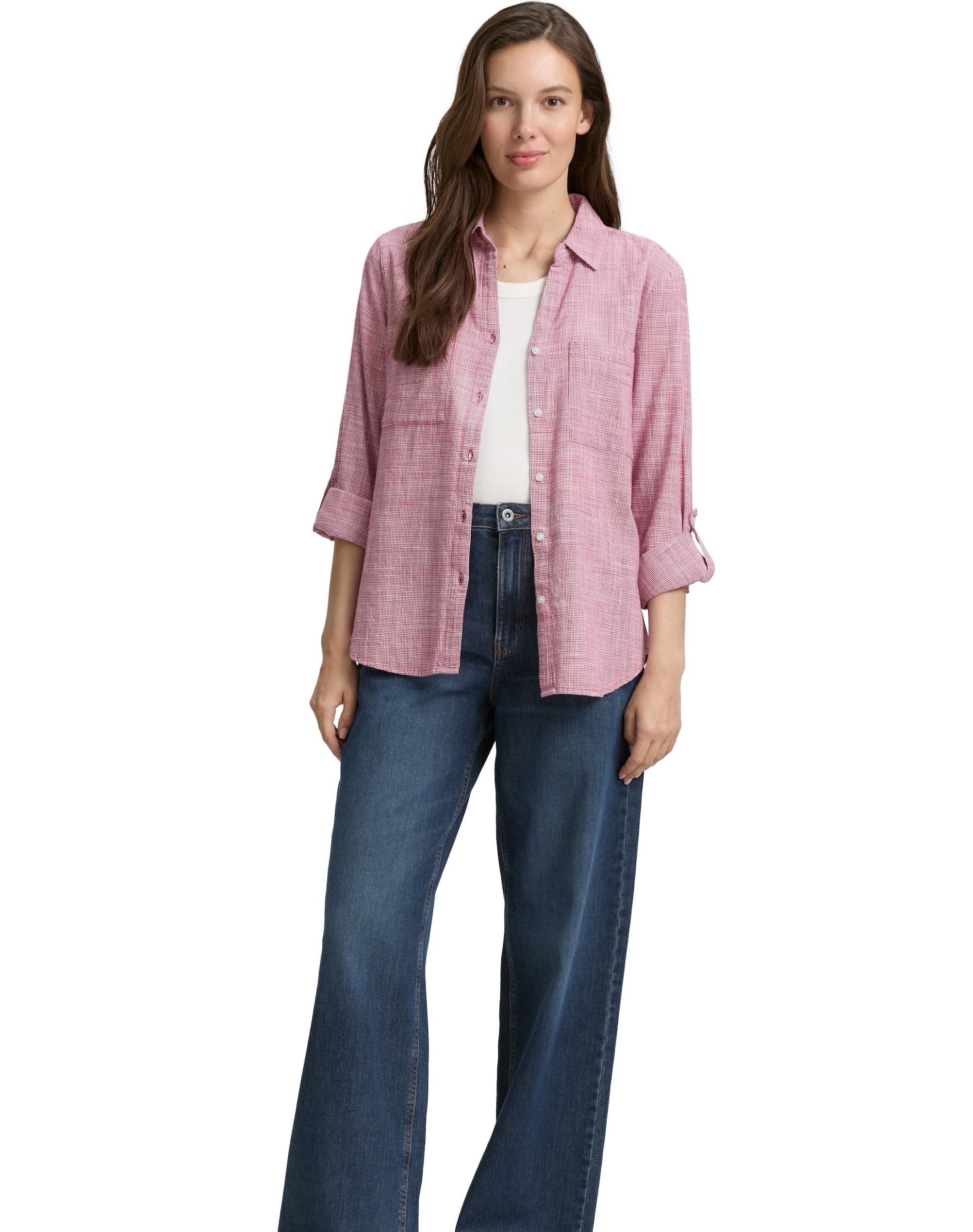 Imagen 3 de Camisa de manga larga de mujer con cuello de pico, botones, bolsillos y estampado de cuadros - Tom Tailor - Rosa Rosa