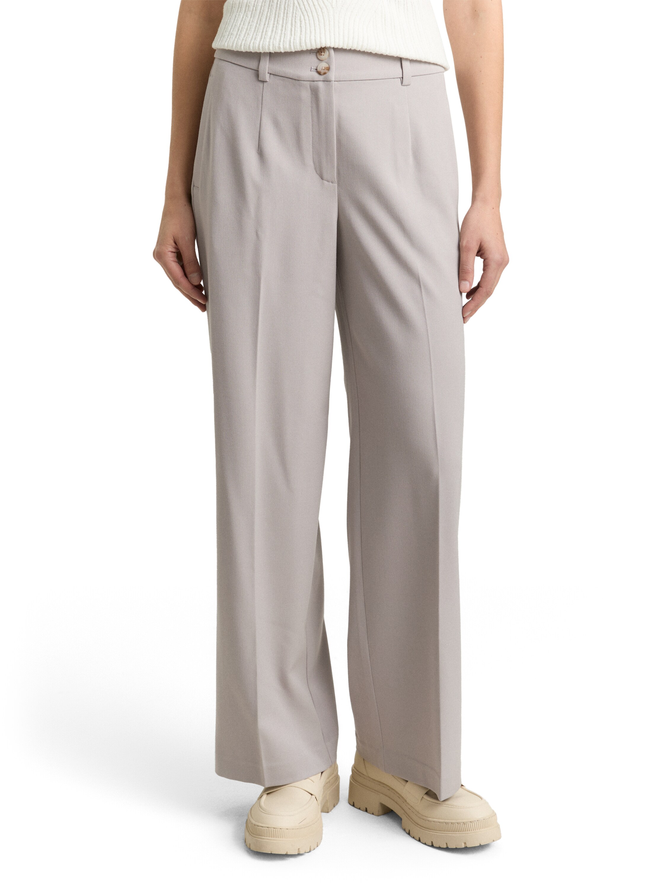 Tom Tailor - Pantalones anchos de mujer con cintura alta, largo, cierre con botones y diseño liso.
