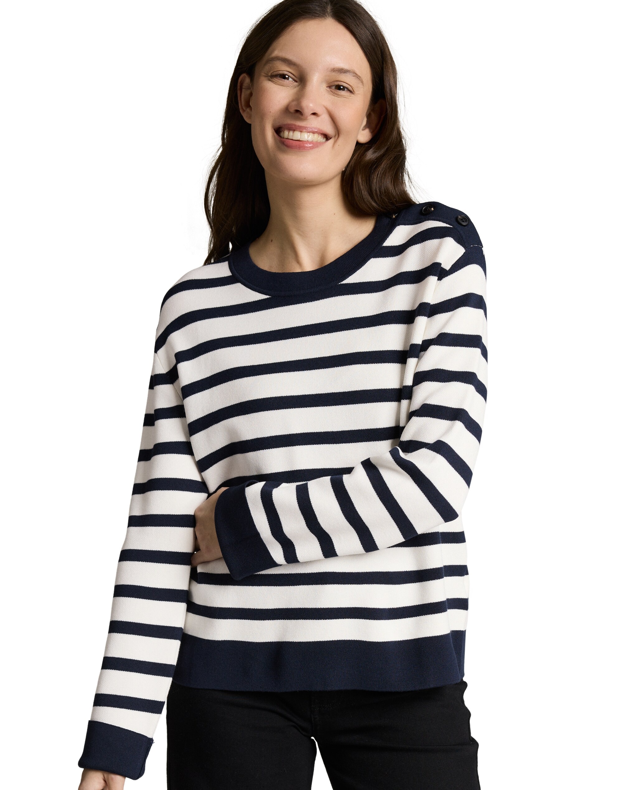 Tom Tailor - Jersey de manga larga de mujer con cuello redondo, detalle de botones en el hombre y diseño de rayas.