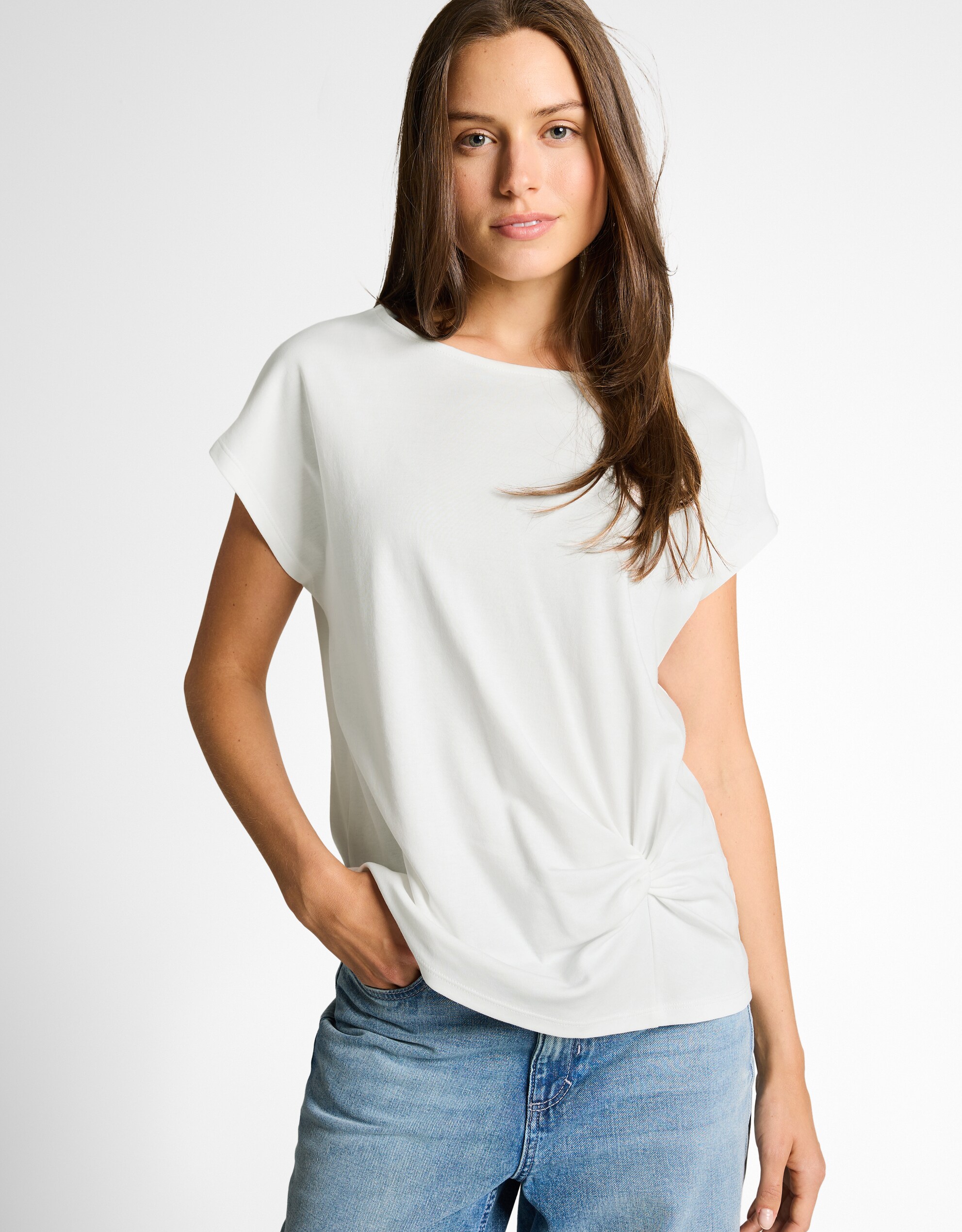 Tom Tailor - Camiseta de manga corta de mujer con cuello redondo y diseño liso con frunce en lateral inferior.