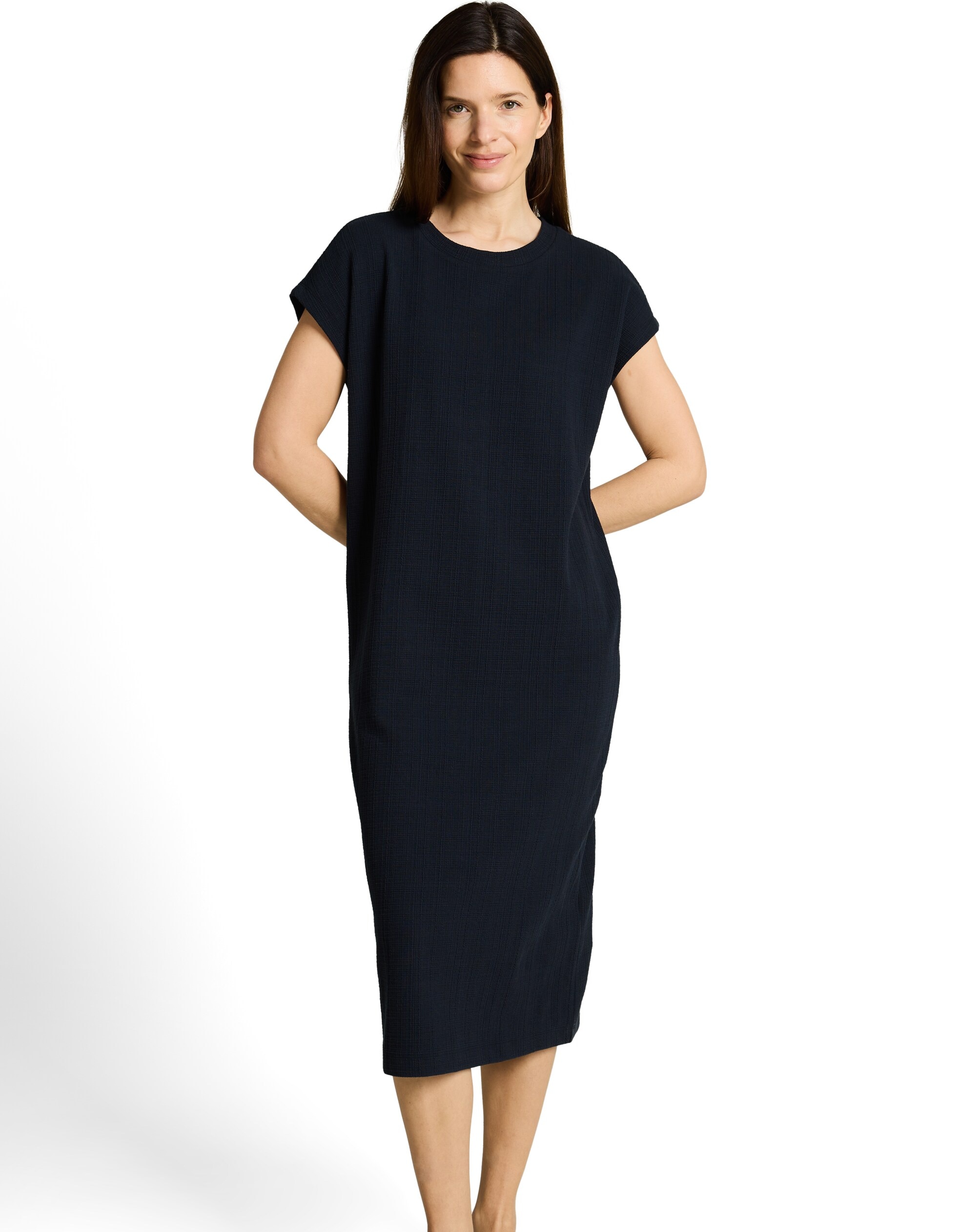 Tom Tailor - Vestido midi de manga corta con cuello redondo y diseño liso.