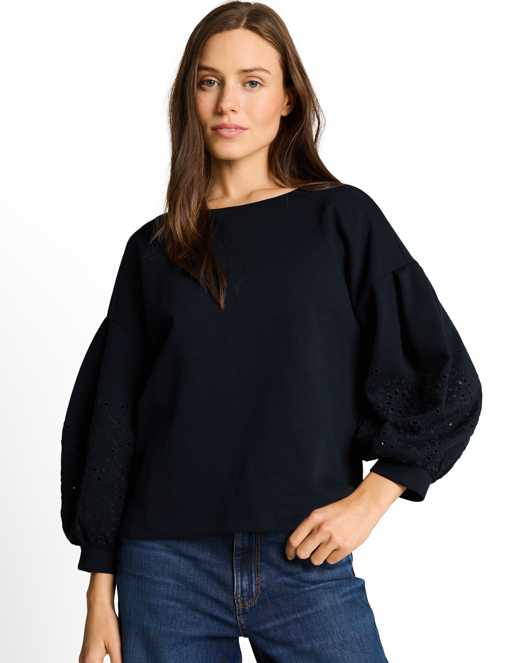 Tom Tailor - Sudadera de manga globo de mujer con cuello barco y diseño liso.