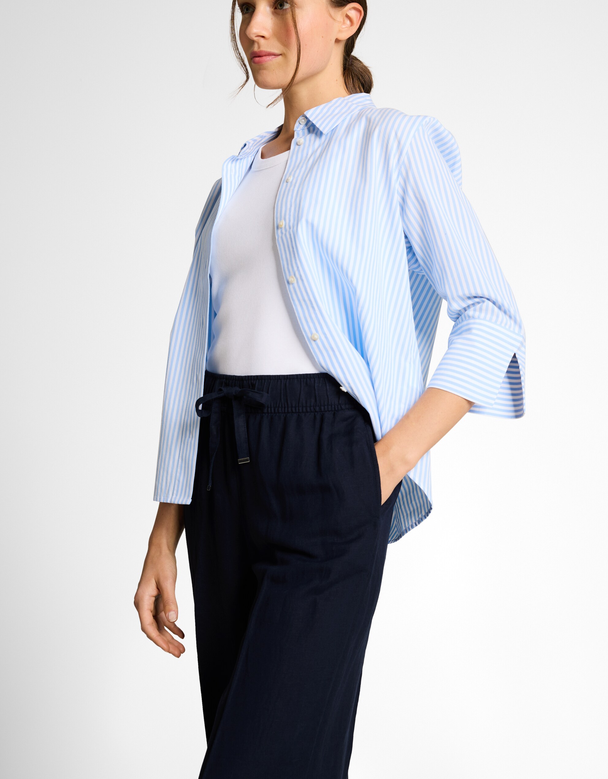 Tom Tailor - Pantalón ancho de mujer con cintura alta, cierre elástico y diseño de rayas.