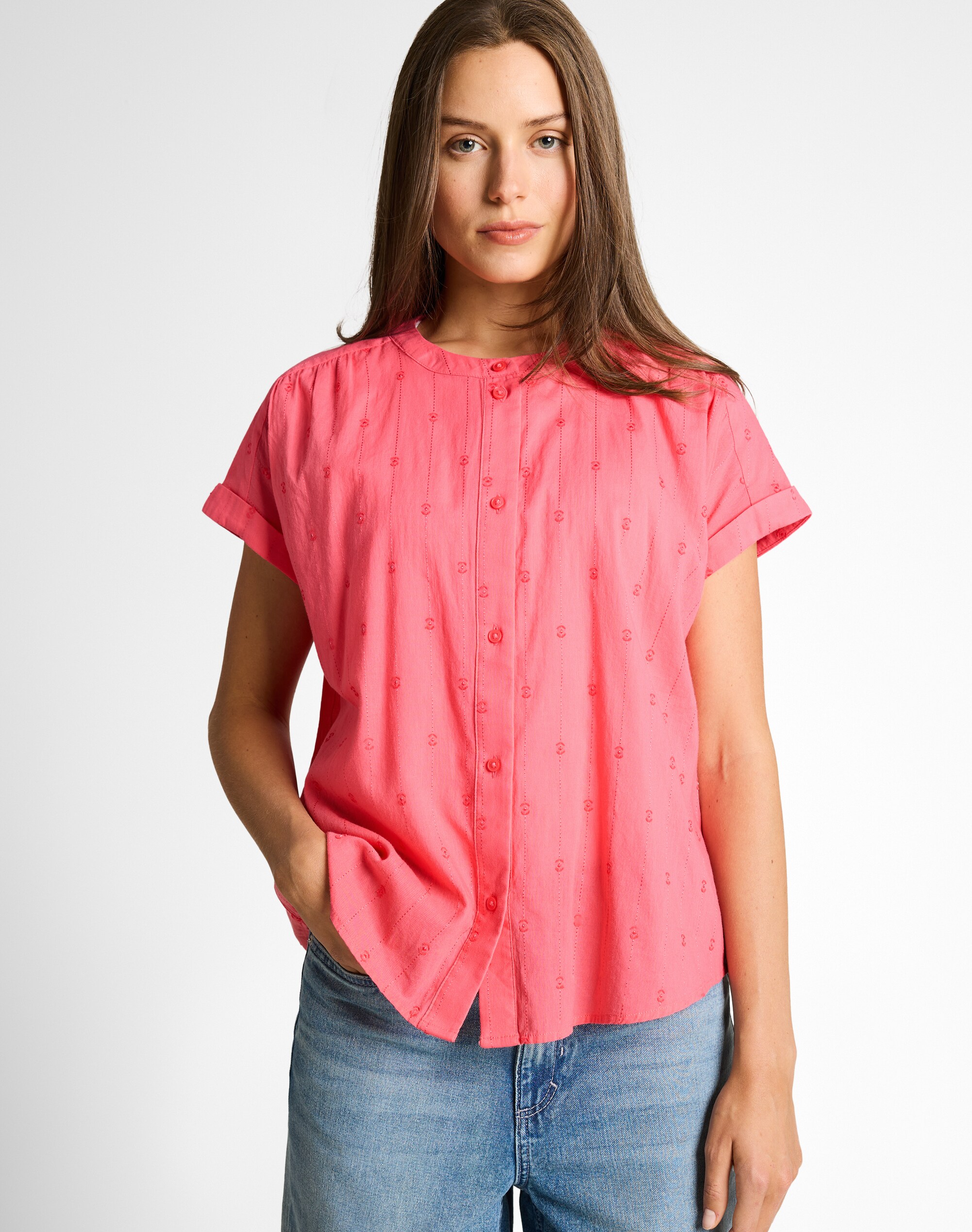 Tom Tailor - Blusa de manga corta de mujer con cuello redondo, cierre con botones y microestampado.