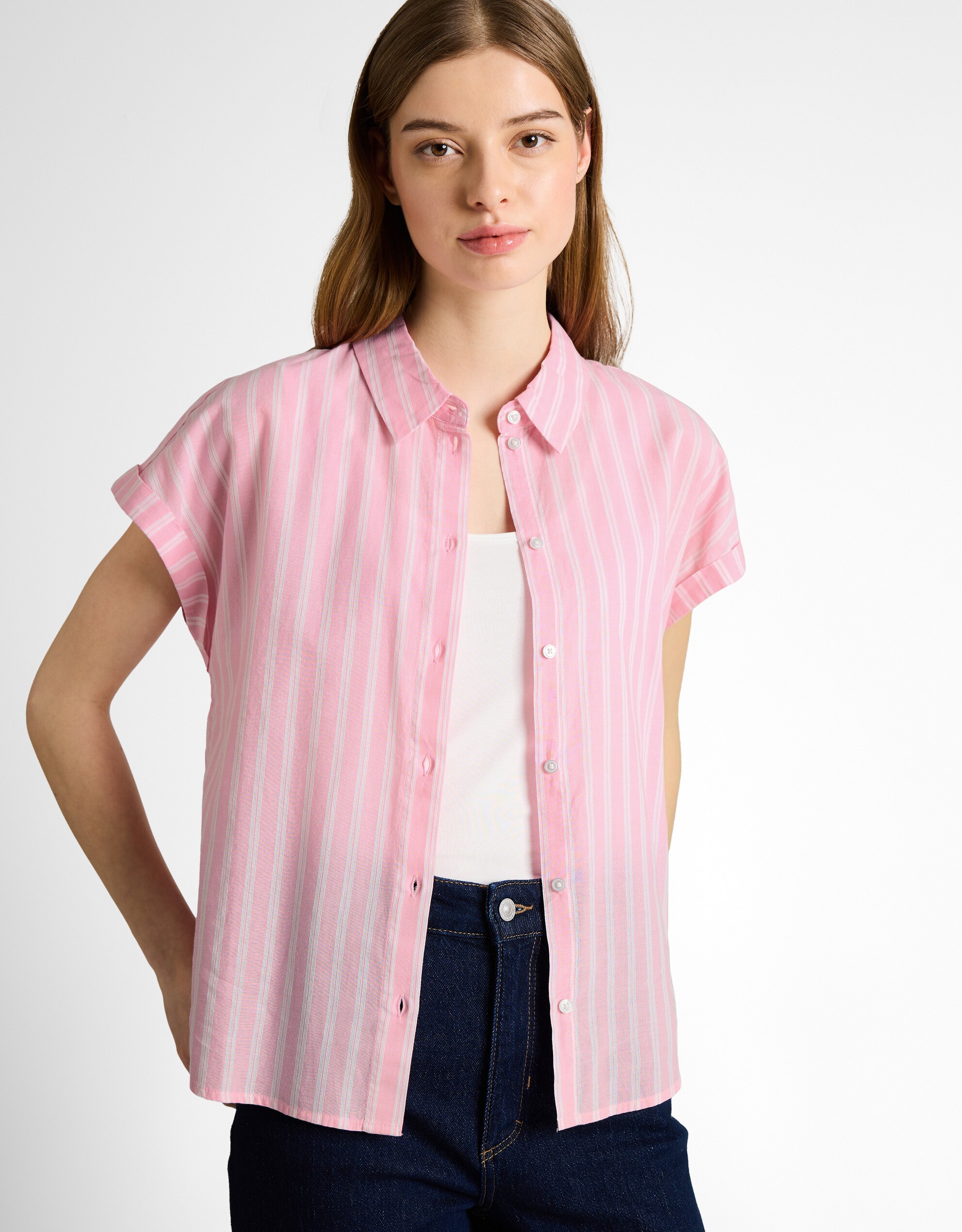 Tom Tailor - Camisa de manga japonesa corta de mujer con cuello de solapa con botoenes y diseño de rayas.