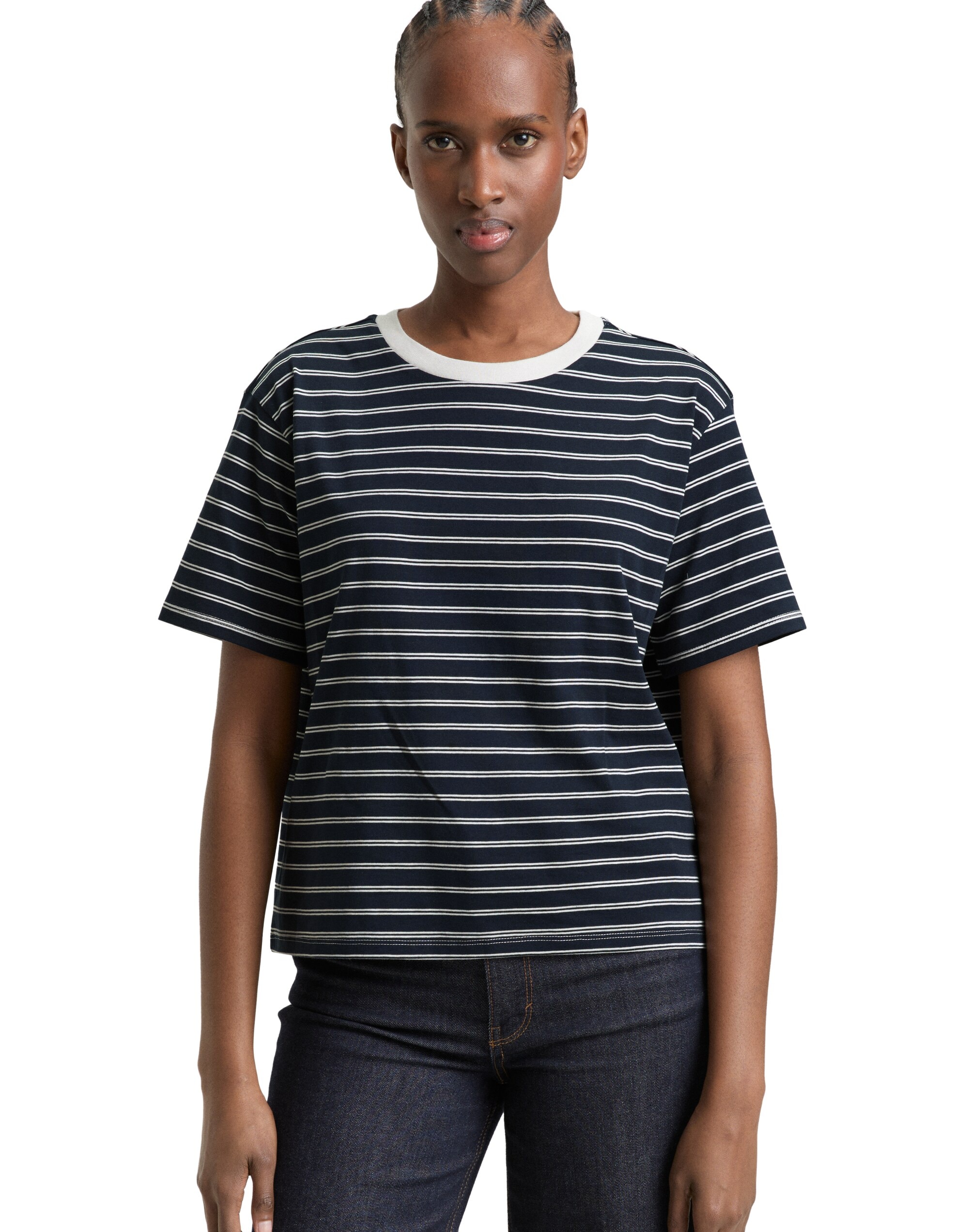 Tom Tailor - Camiseta de mujer de manga corta con cuello redondo y estampado de rayas.
