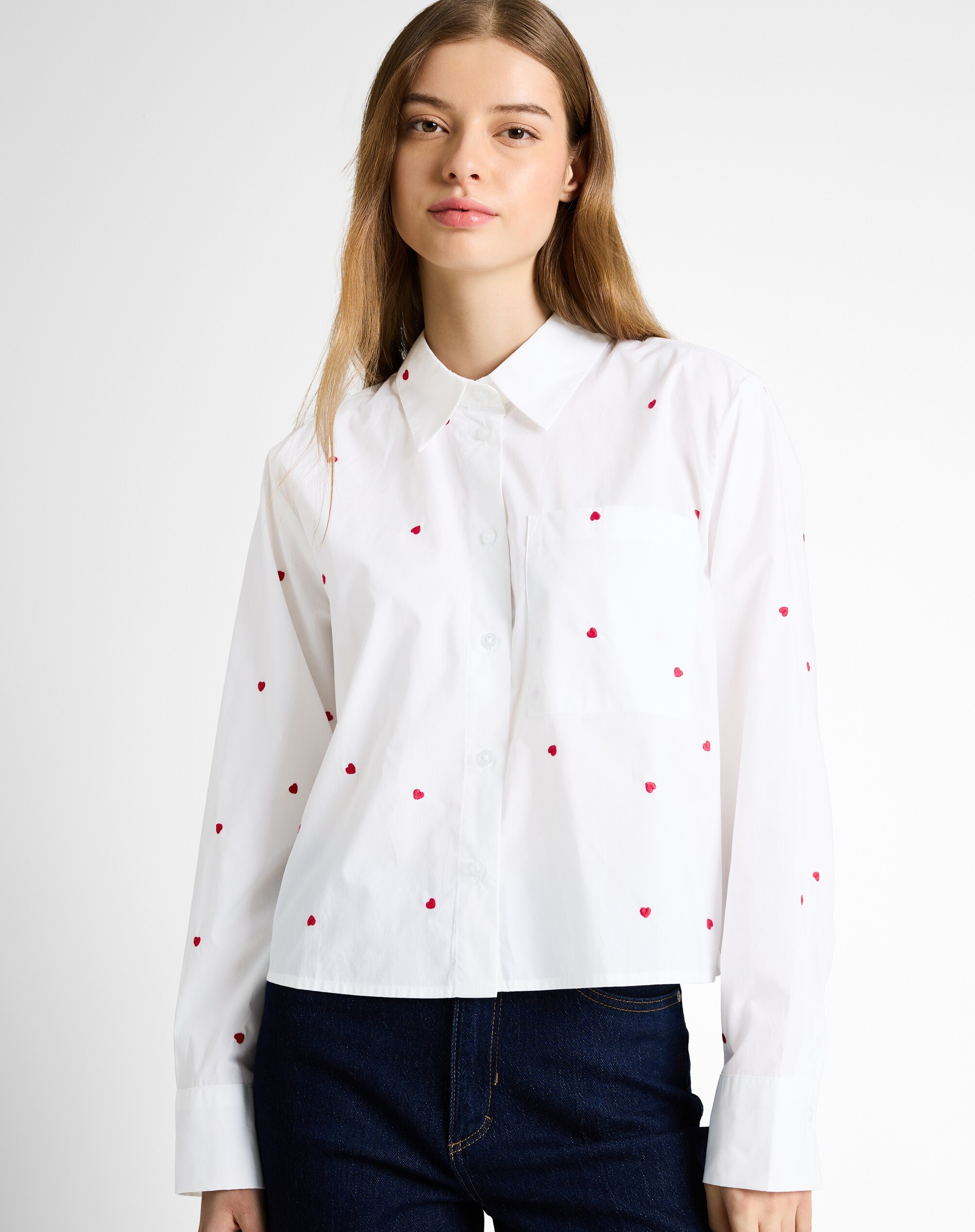 Tom Tailor - Camisa de manga larga de mujer 100 % algodón con cuello clásico, bolsillo laterial superior y microestampado.