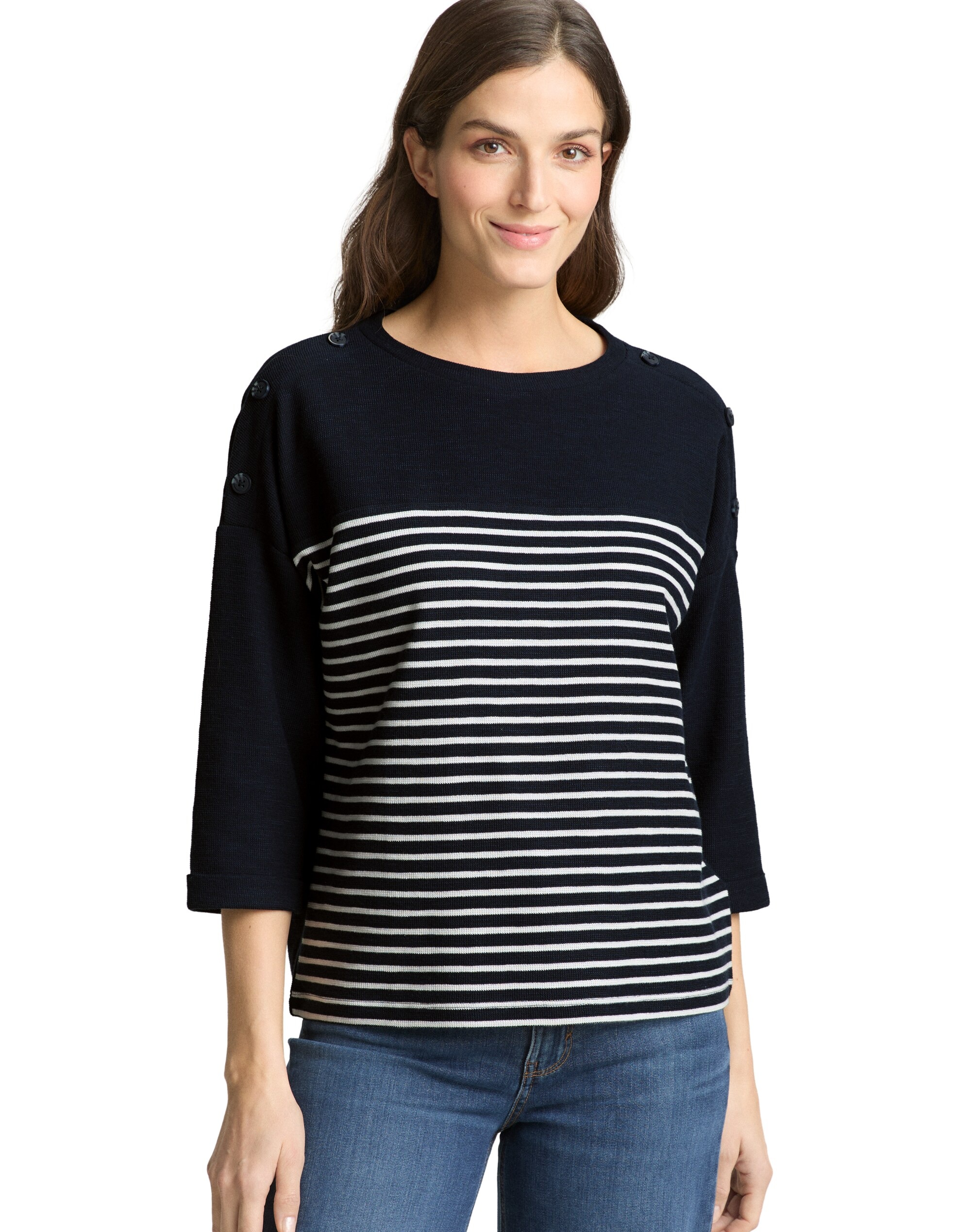 Tom Tailor - Camiseta de manga larga de mujer con cuello clásico y botones en los hombros.