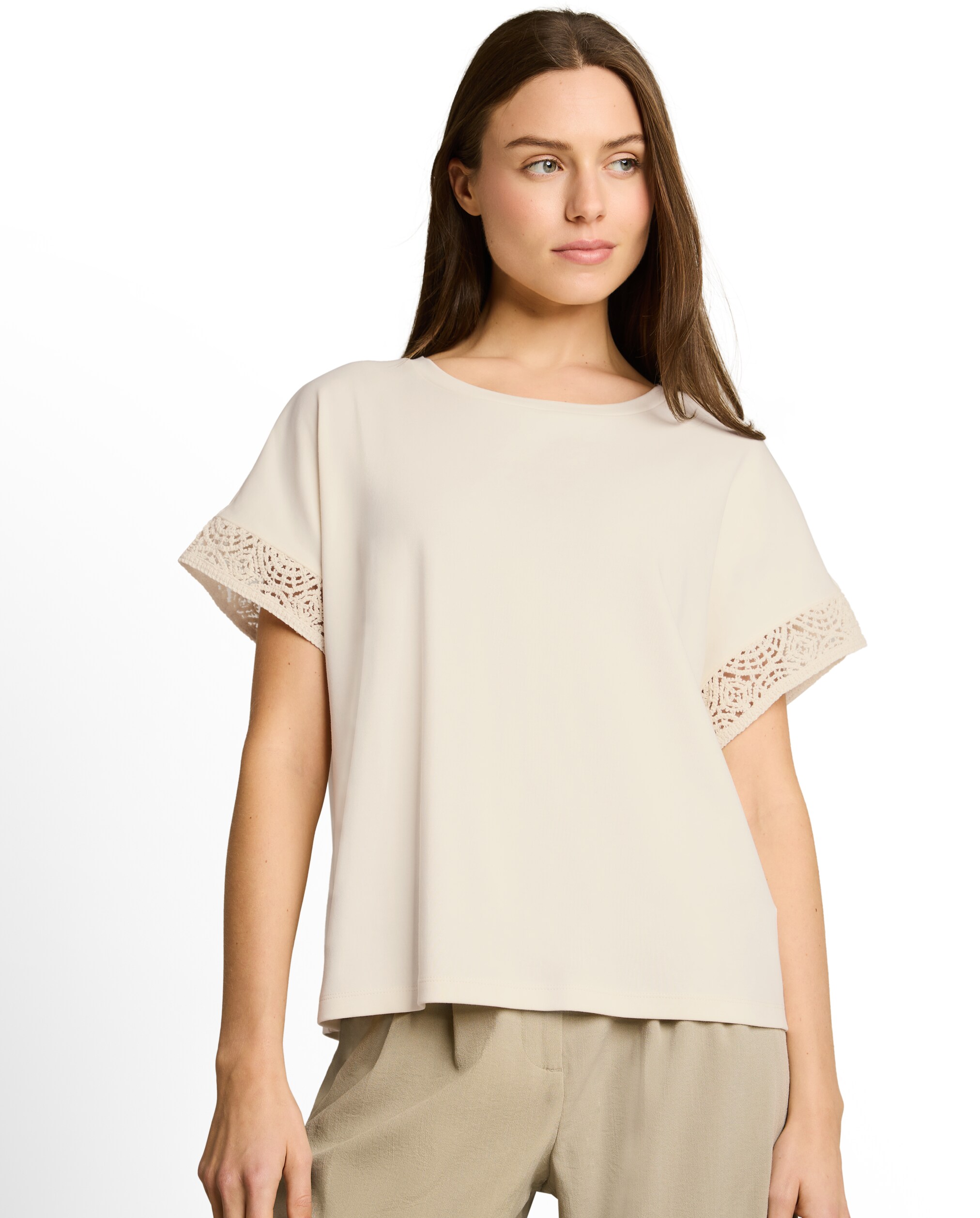 Tom Tailor - Camiseta de mujer con manga corta, cuello redondo y detalle calado.