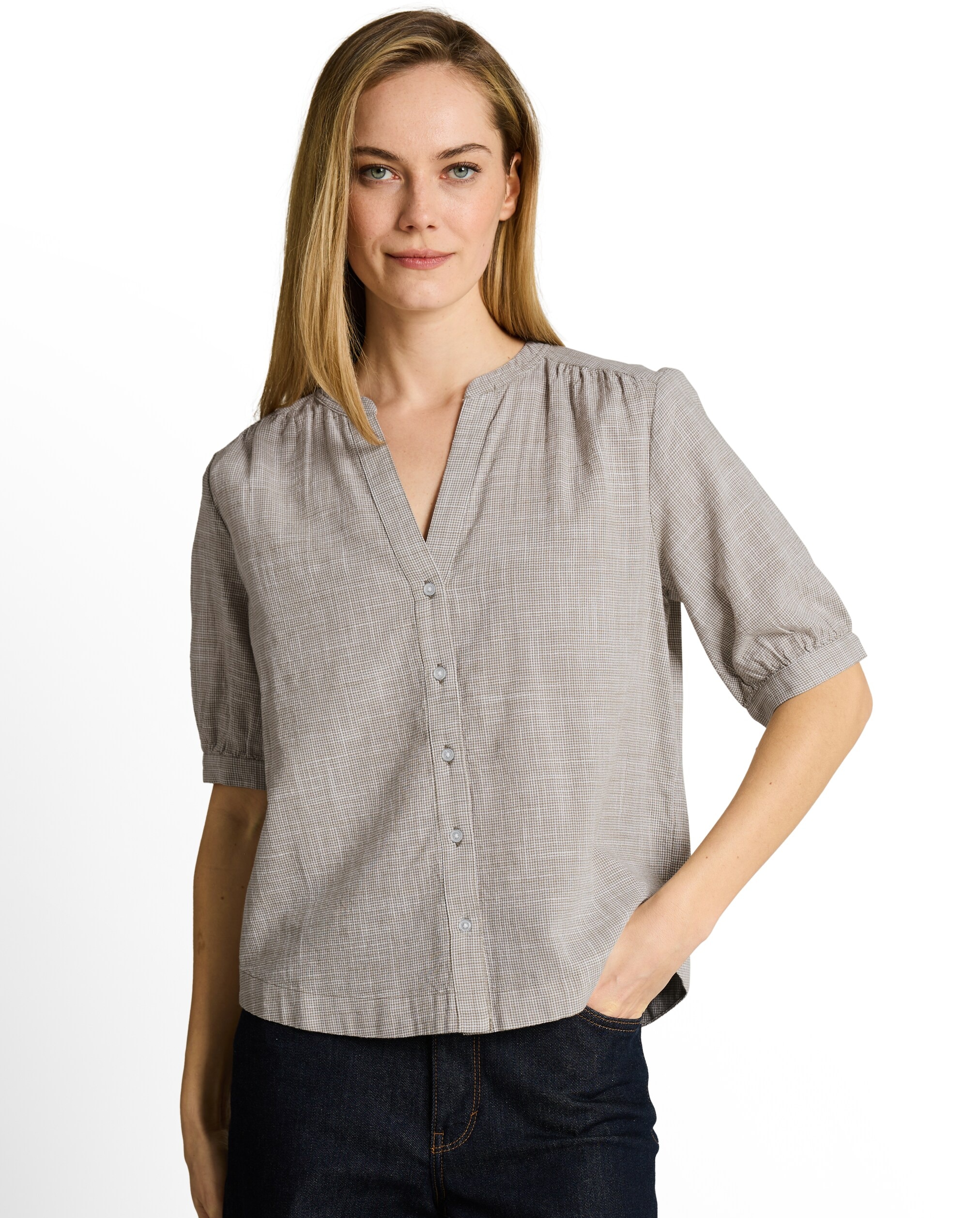 Tom Tailor - Camisa de manga francesa de mujer con cuello de pico y diseño liso.