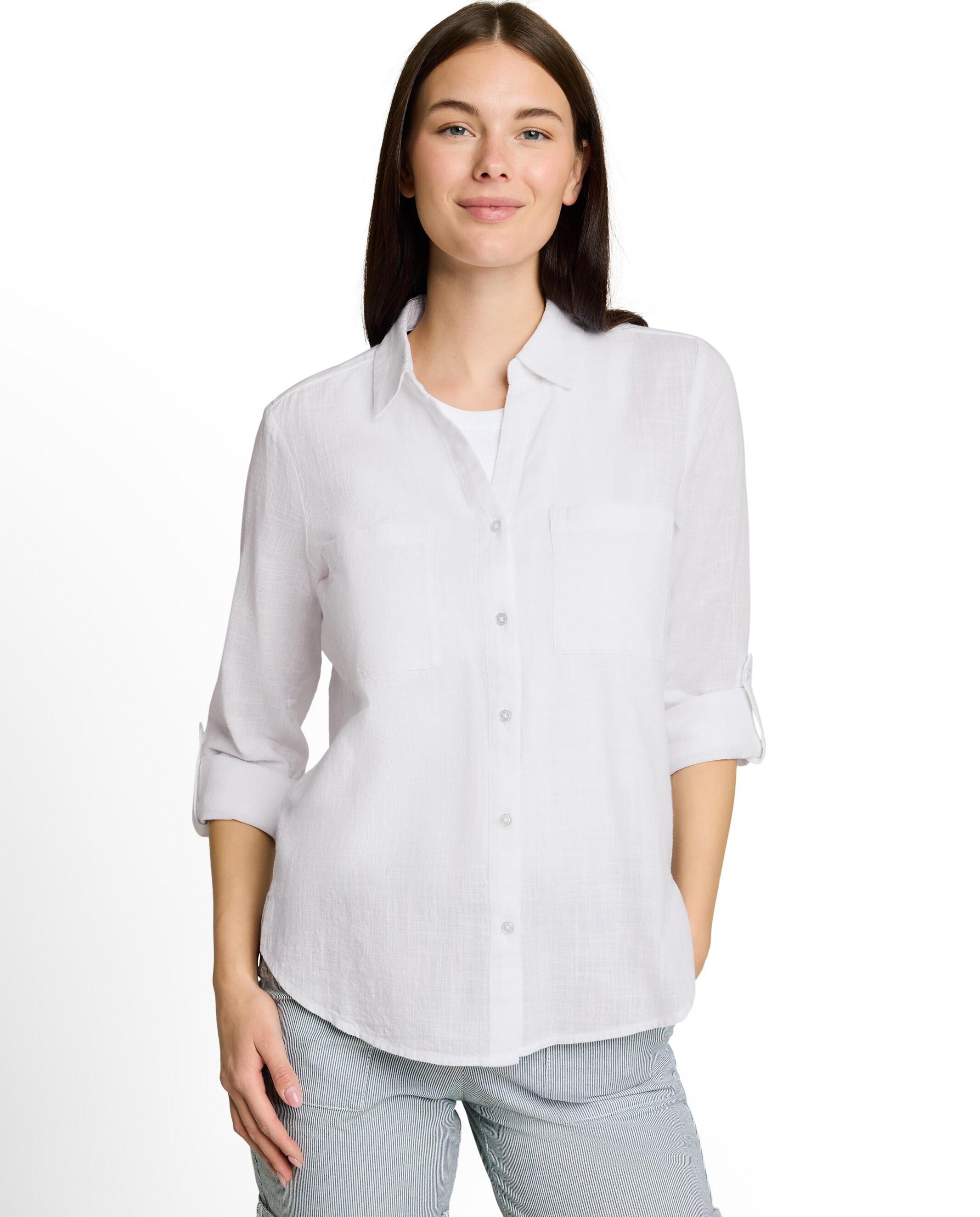 Imagen 1 de Camisa de manga larga de mujer con cuello de pico, botones, bolsillos y estampado de cuadros - Tom Tailor - Blanco Blanco