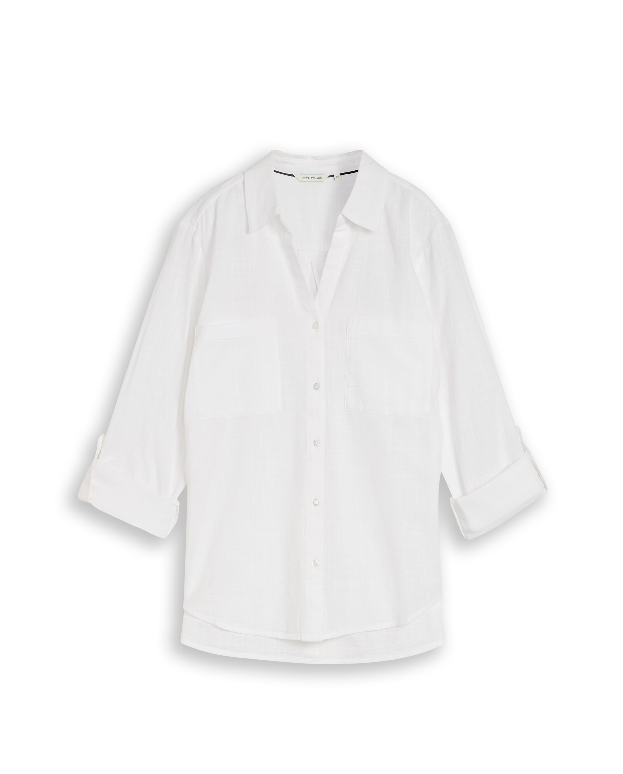 Imagen 5 de Camisa de manga larga de mujer con cuello de pico, botones, bolsillos y estampado de cuadros - Tom Tailor - Blanco Blanco