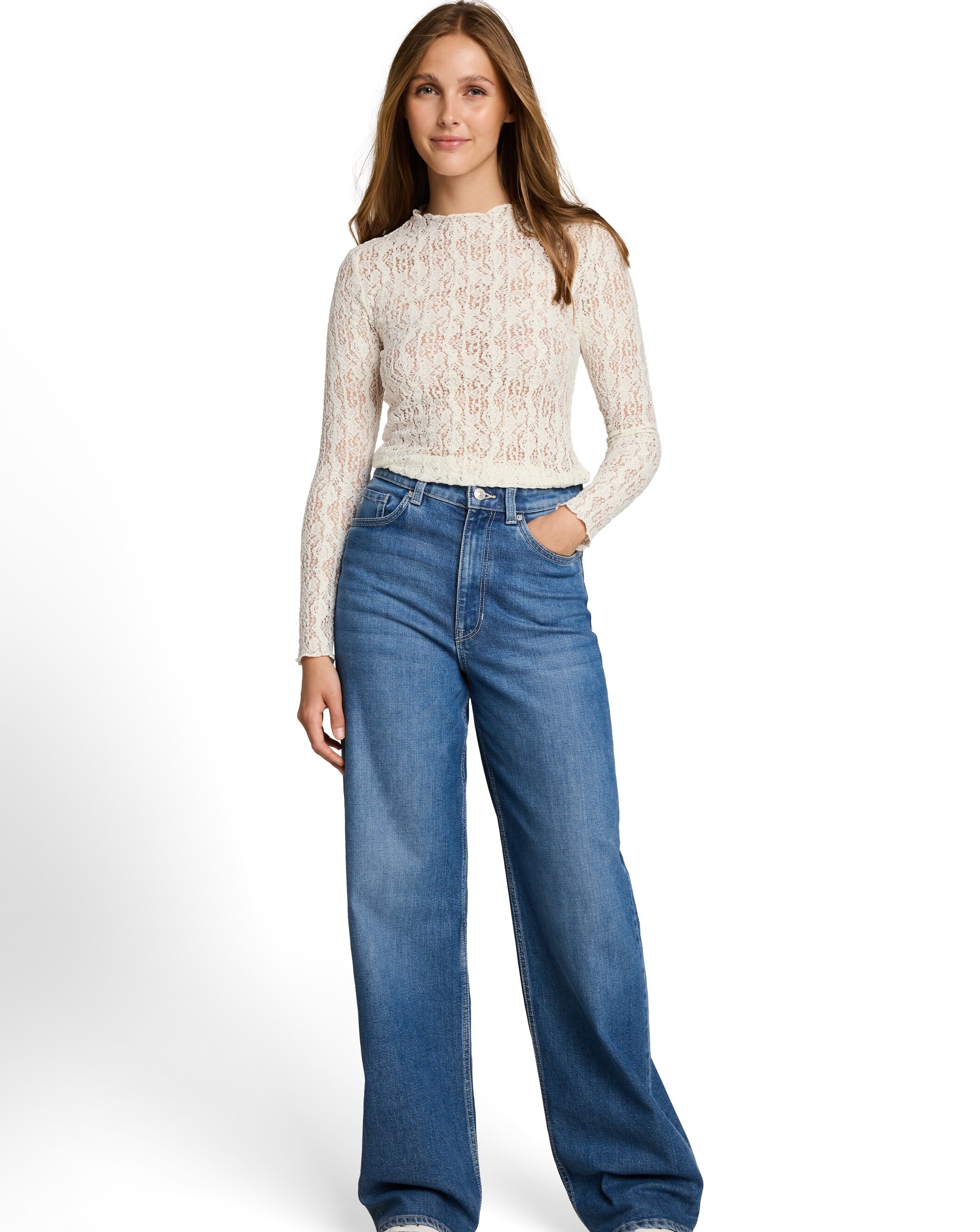 Camiseta de mujer de encaje con manga larga y cuello redondo - Tom Tailor - Blanco Blanco-3