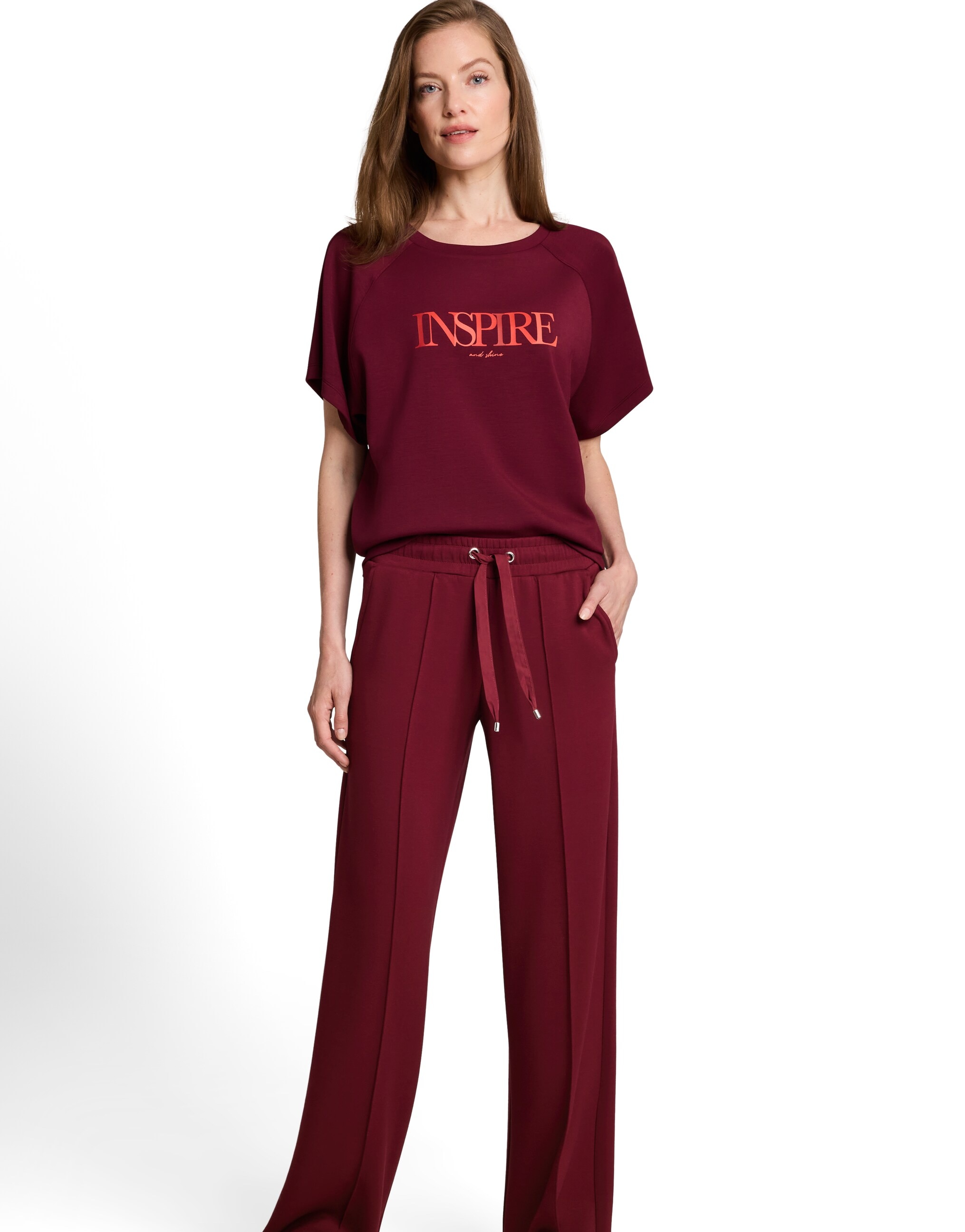 Pantalón recto de mujer con cintura elástica y cordón - Tom Tailor - Rojo Rojo-3