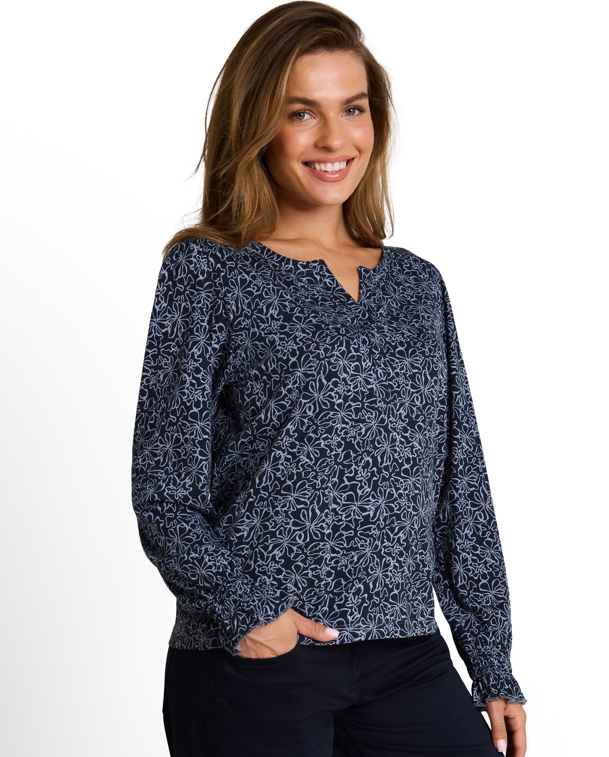 Imagen 0 de Camiseta de mujer con cuello pico y estampado floral Azul