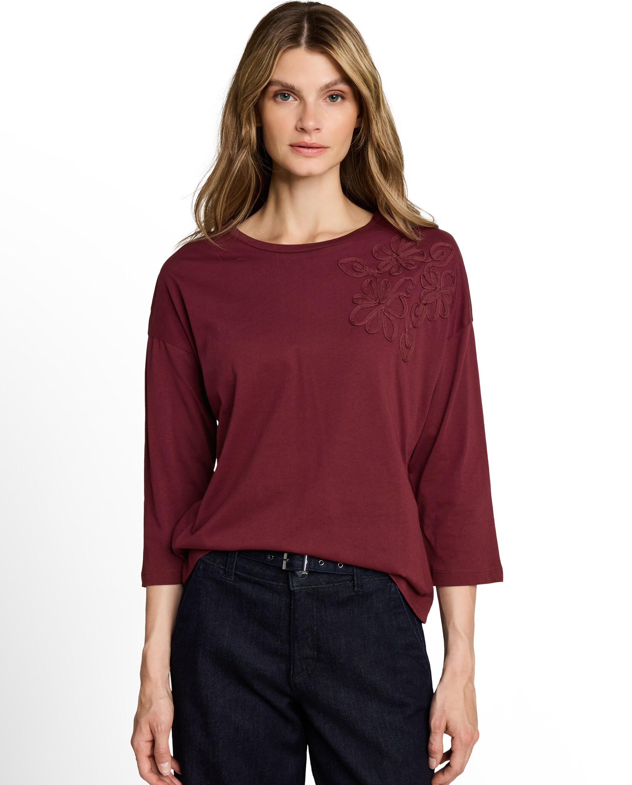 Camiseta de mujer con detalle floral y manga larga - Tom Tailor - Rojo Rojo-1