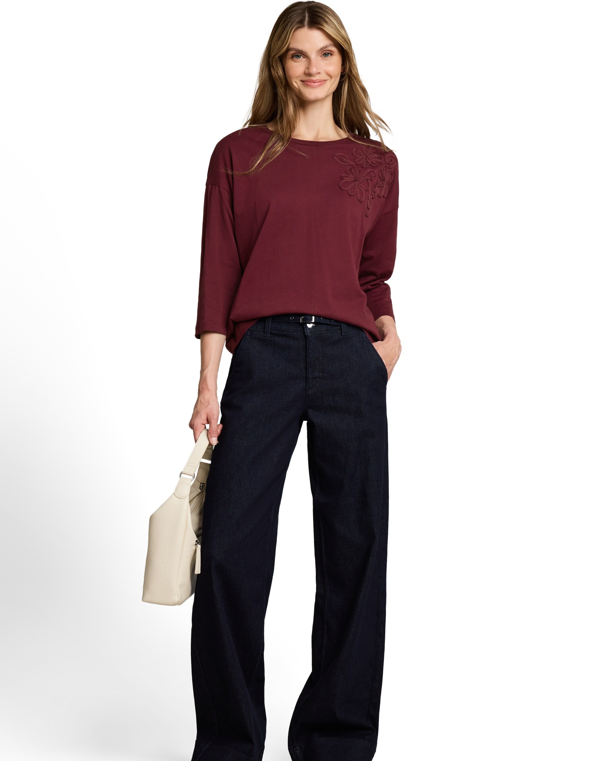 Camiseta de mujer con detalle floral y manga larga - Tom Tailor - Rojo Rojo-3