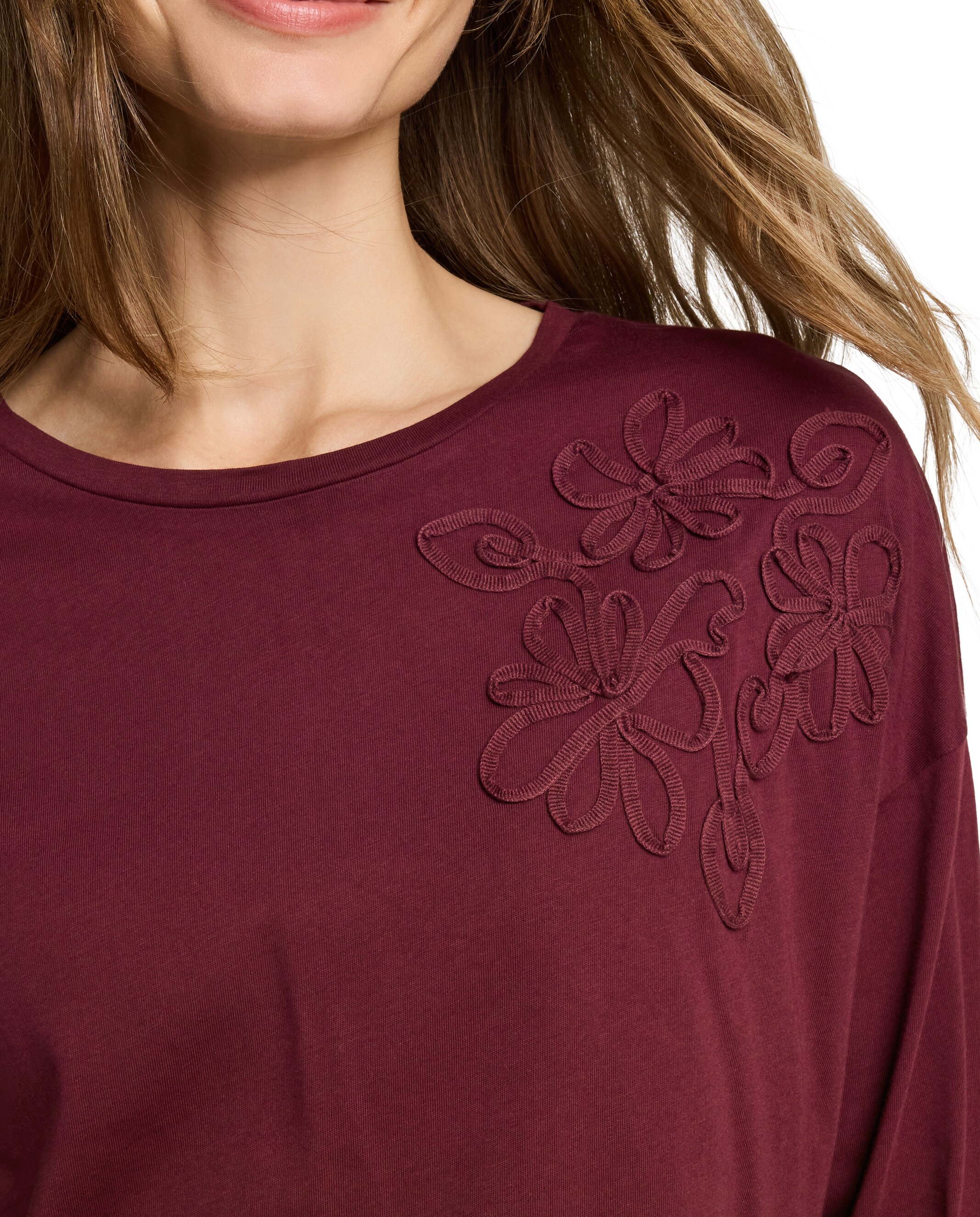 Camiseta de mujer con detalle floral y manga larga - Tom Tailor - Rojo Rojo-4