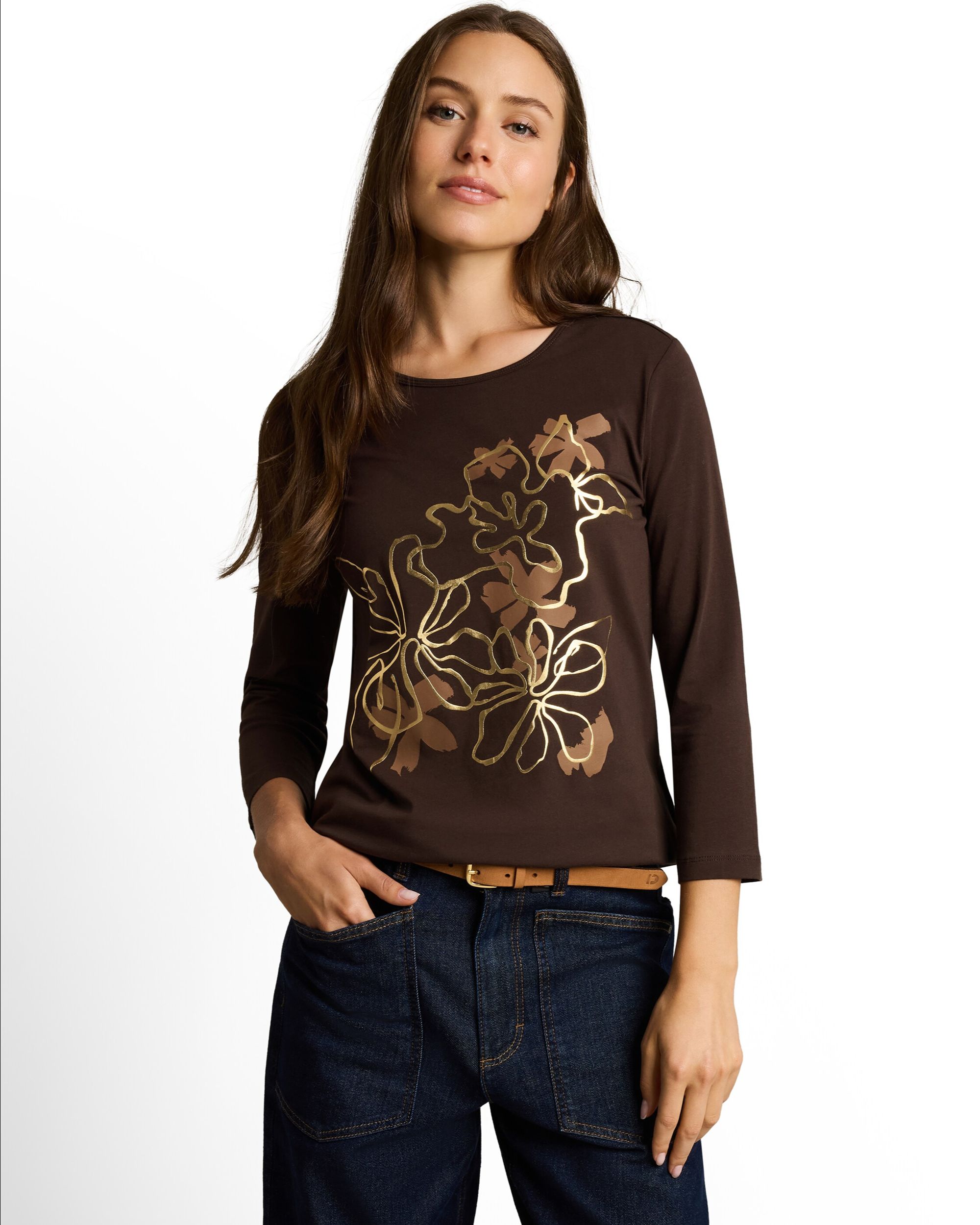 Imagen 0 de Camiseta de mujer de manga larga con cuello redondo y estampado de flores Marrón