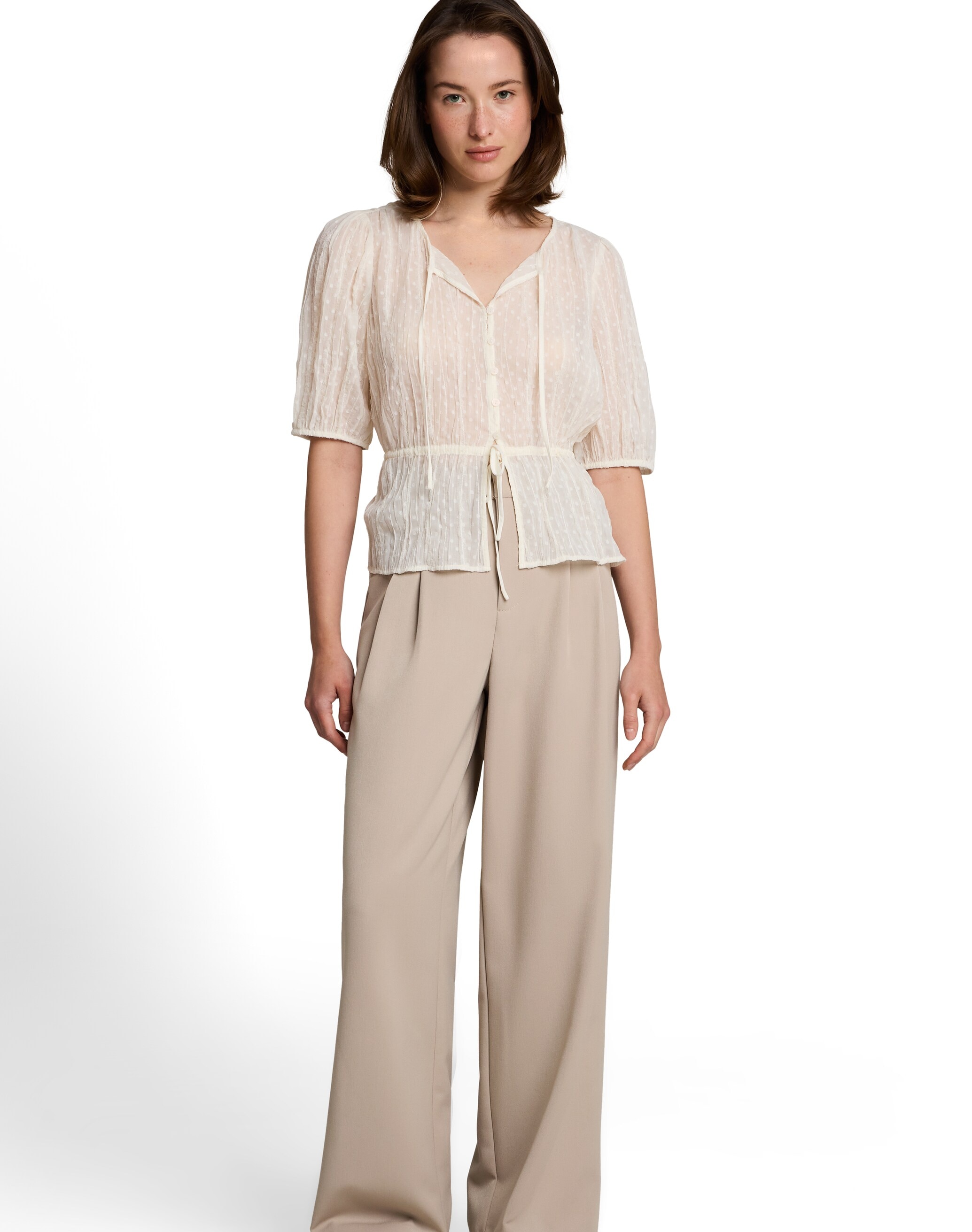 Pantalon ancho de mujer con cintura alta y cierre con cremallera y botón - Tom Tailor - Natural Natural-3