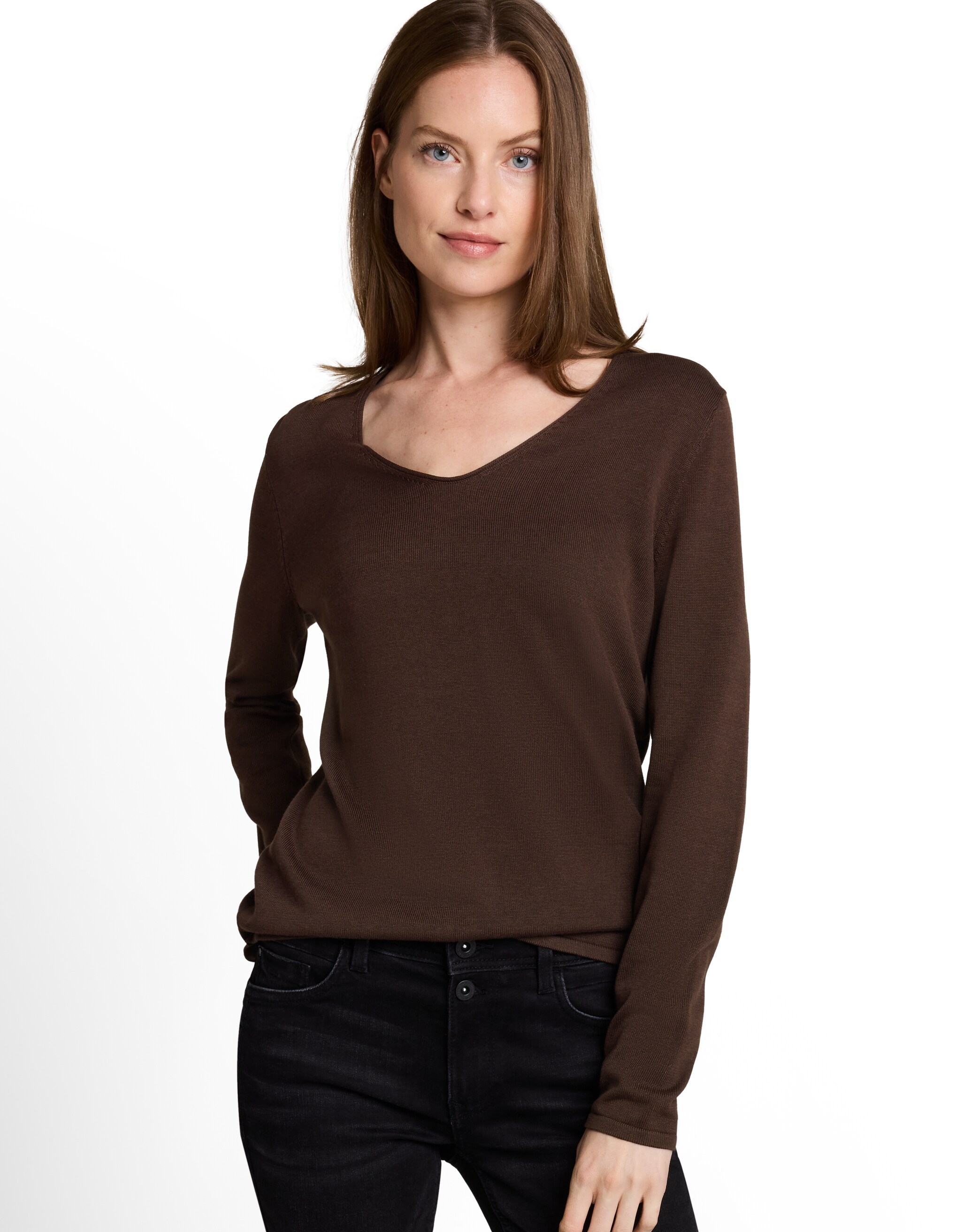 Jersey de mujer con cuello pico y manga larga - Tom Tailor - Marrón Marrón-1