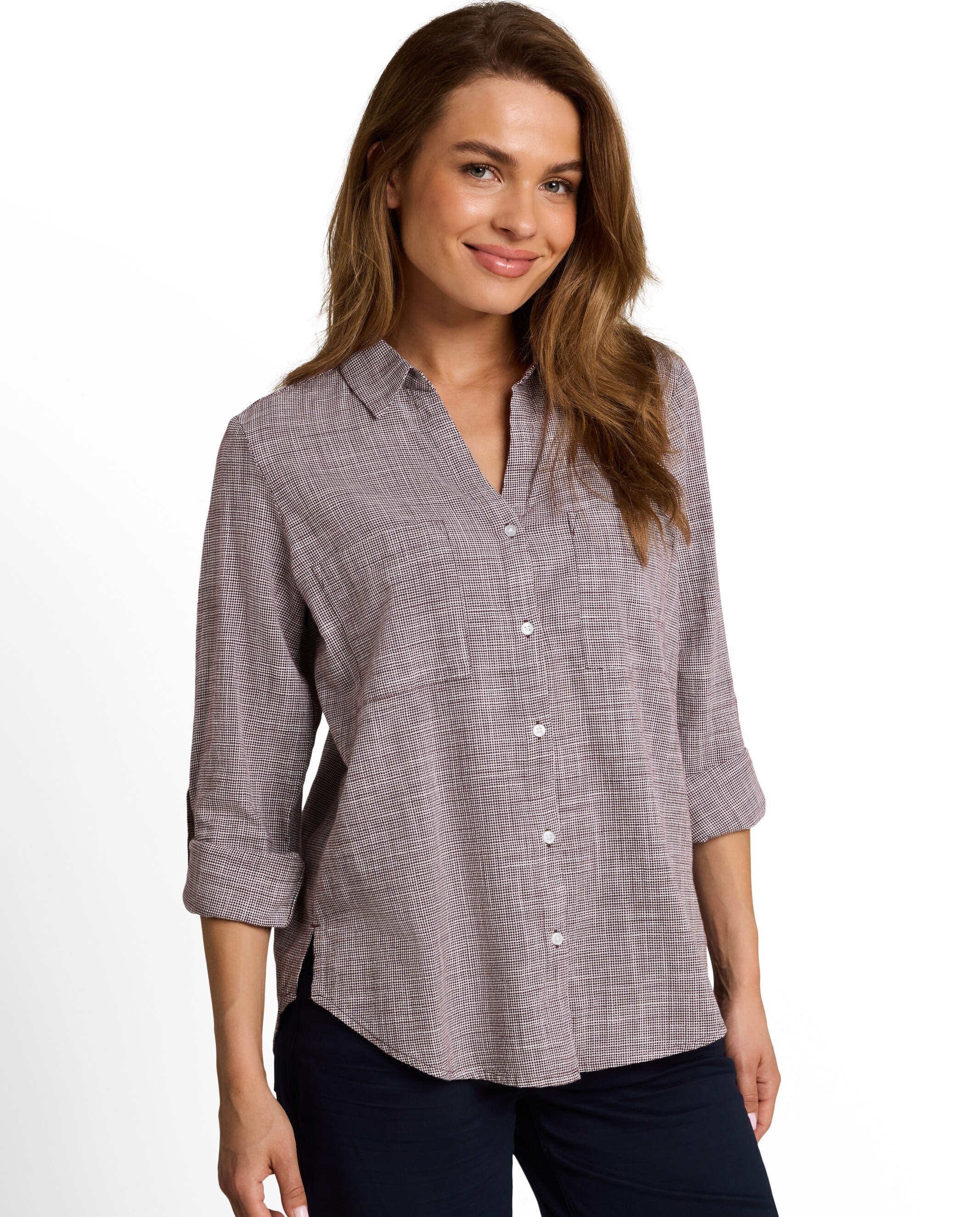 Imagen 1 de Camisa de manga larga de mujer con cuello de pico, botones, bolsillos y estampado de cuadros - Tom Tailor - Rojo Rojo