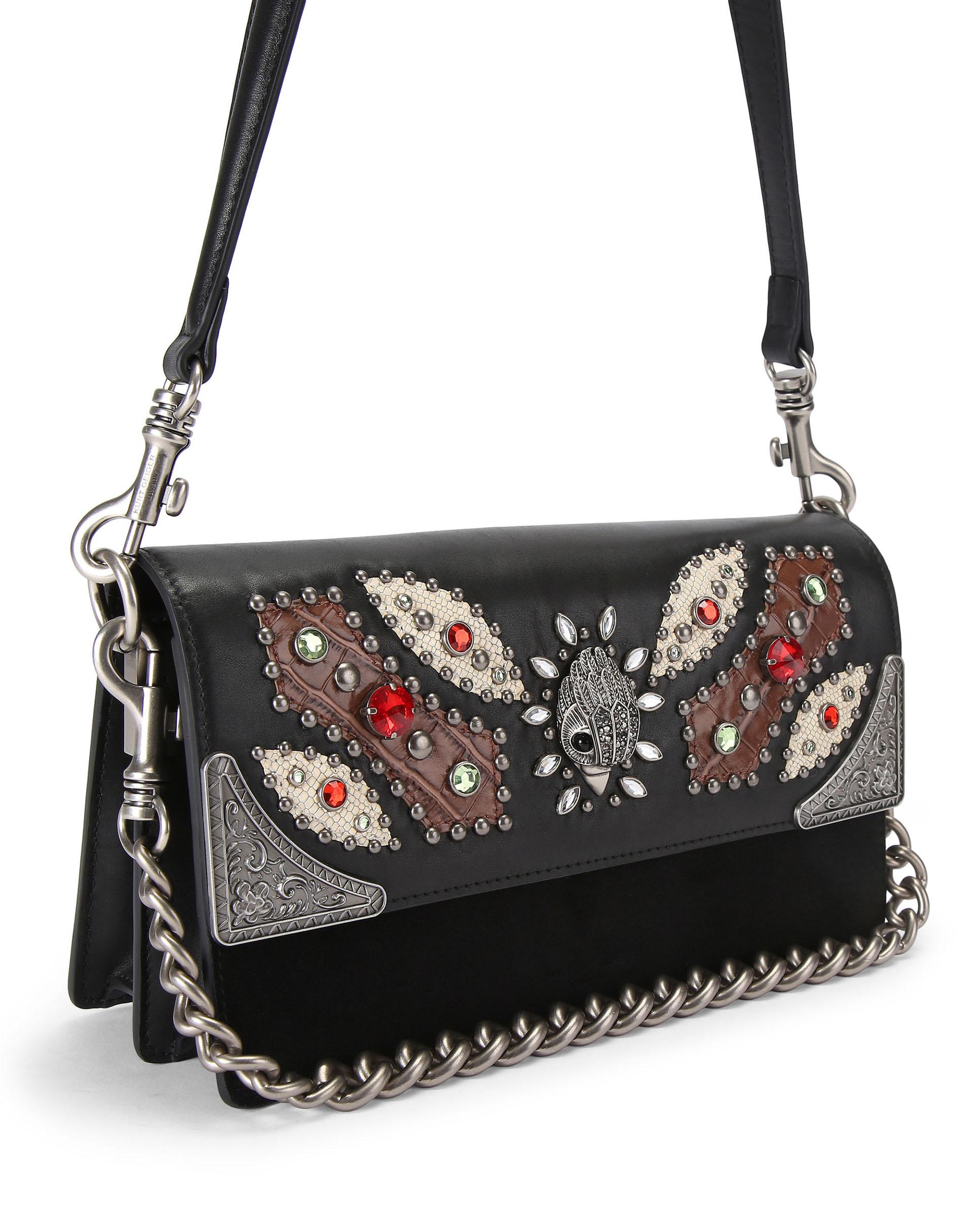 Bolso de hombro en piel con solapa decorada con cristales multicolor y detalles metálicos - Kurt Geiger - Negro / Blanco / Rojo Negro / Blanco / Rojo-3