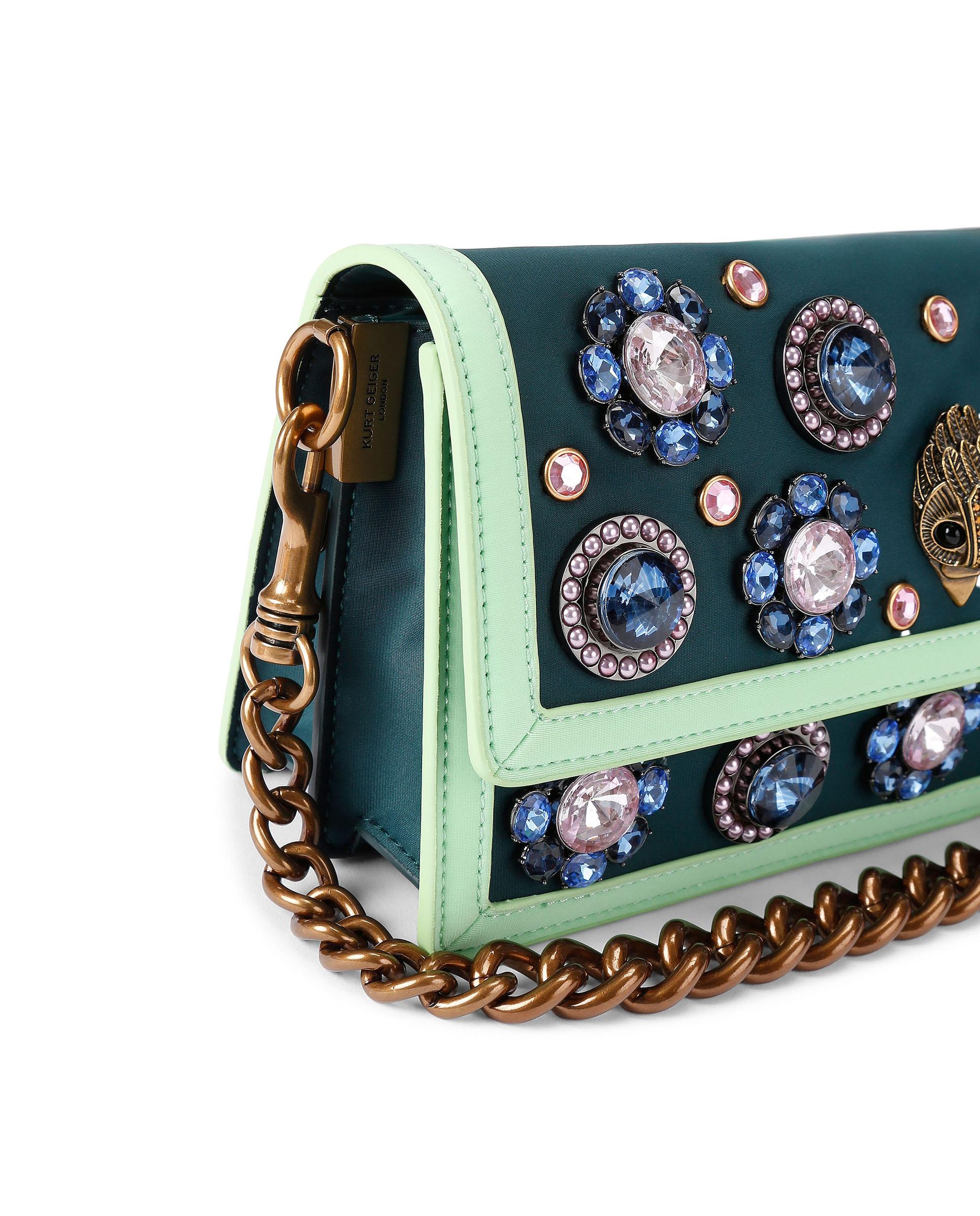 Bolso de hombro de nylon con grandes cristales - Kurt Geiger - Verde azulado Verde azulado-5