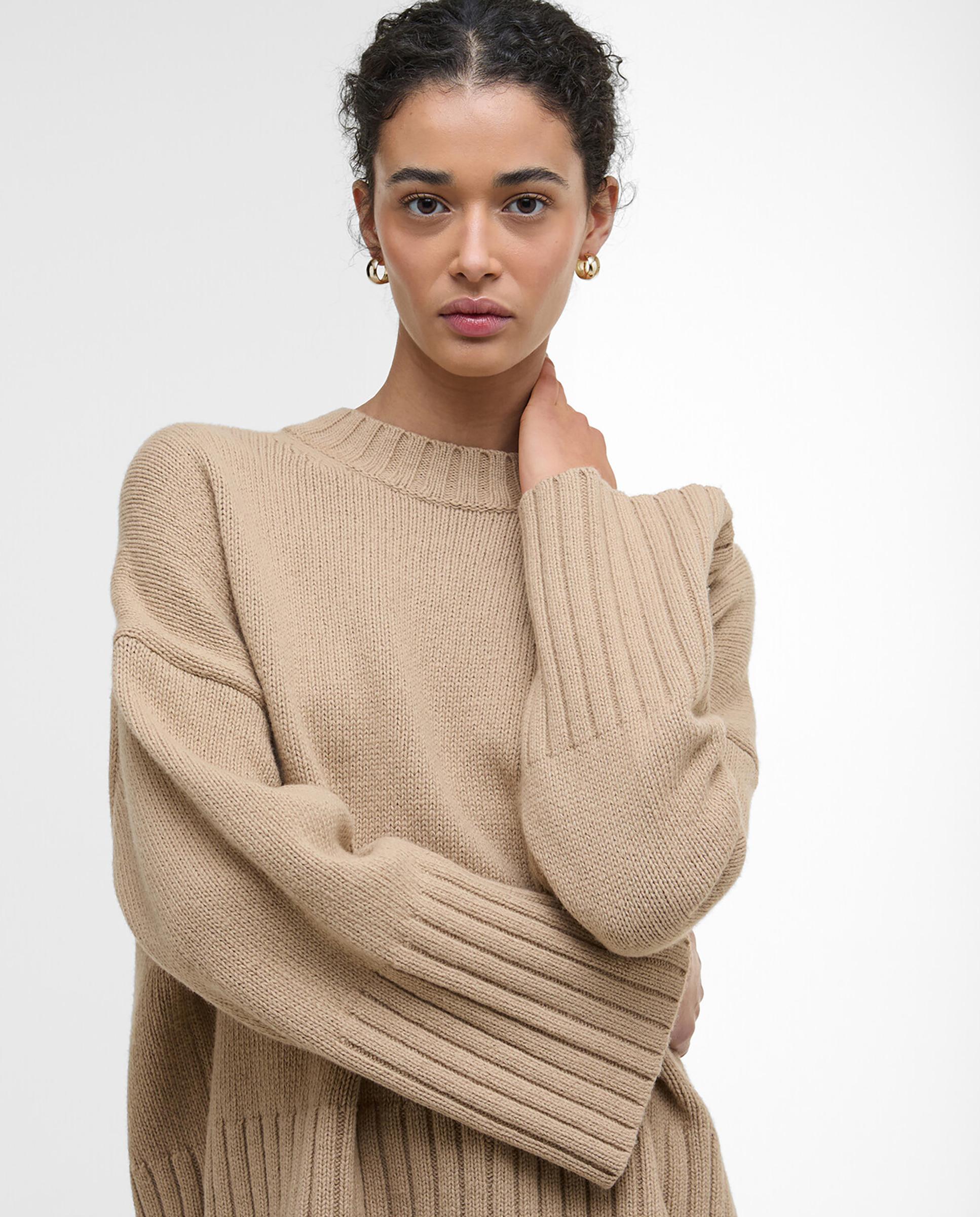 Jersey de mujer de punto grueso con cuello alto acanalado y acabados en canalé en puños y bajo - Barbour - Camel Camel-4