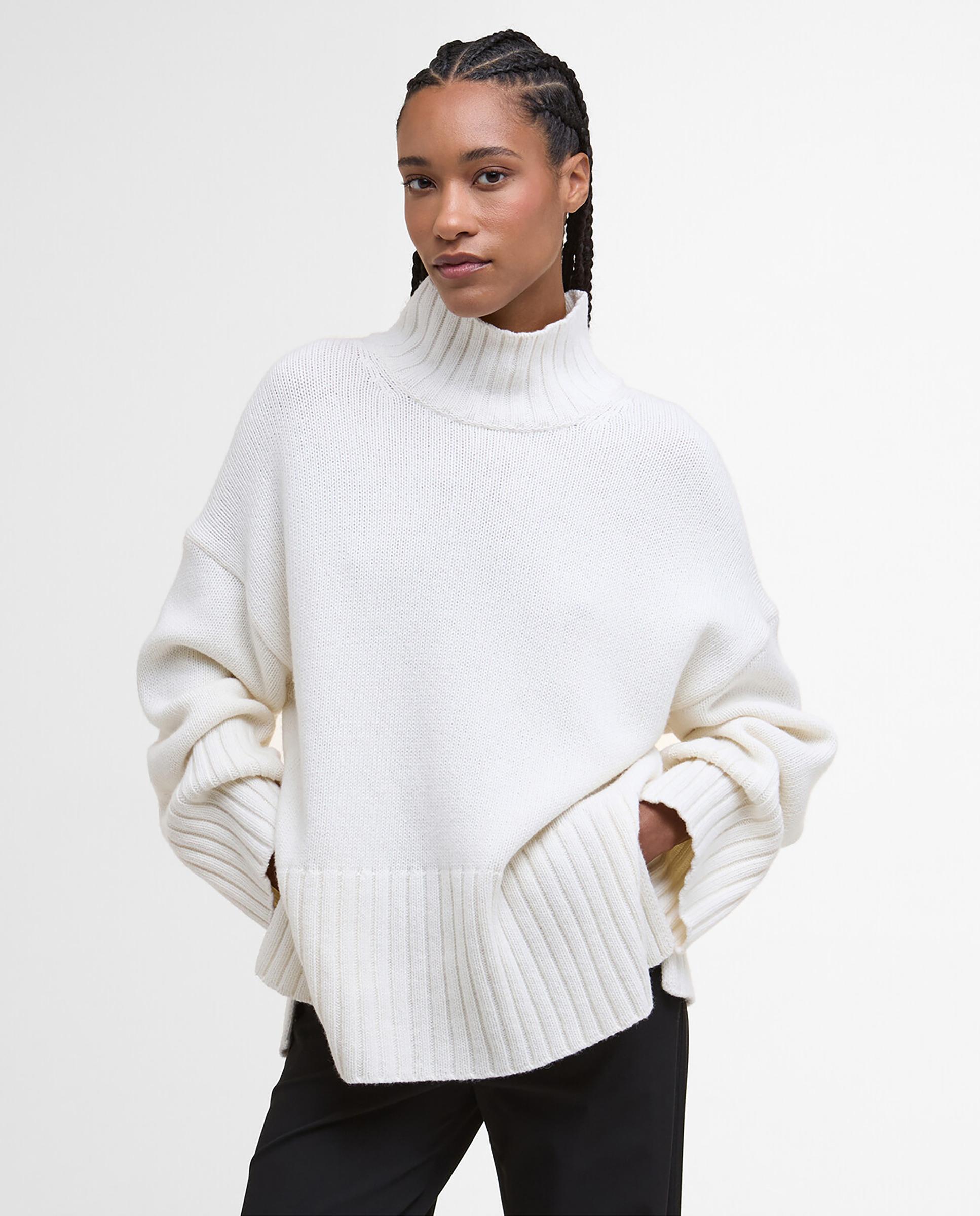 Jersey de mujer de punto grueso con cuello alto acanalado y acabados en canalé en puños y bajo - Barbour - Blanco Blanco-1