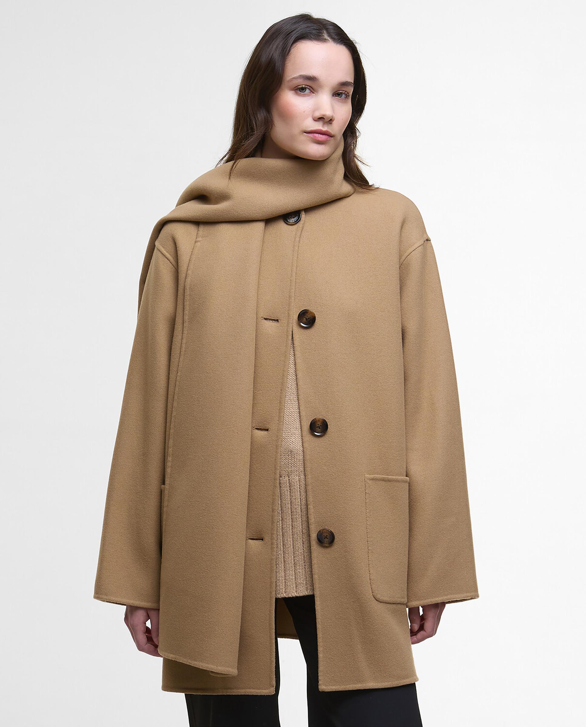 Abrigo de mujer de corte recto y cuello amplio con bufanda integrada - Barbour - Camel Camel-1