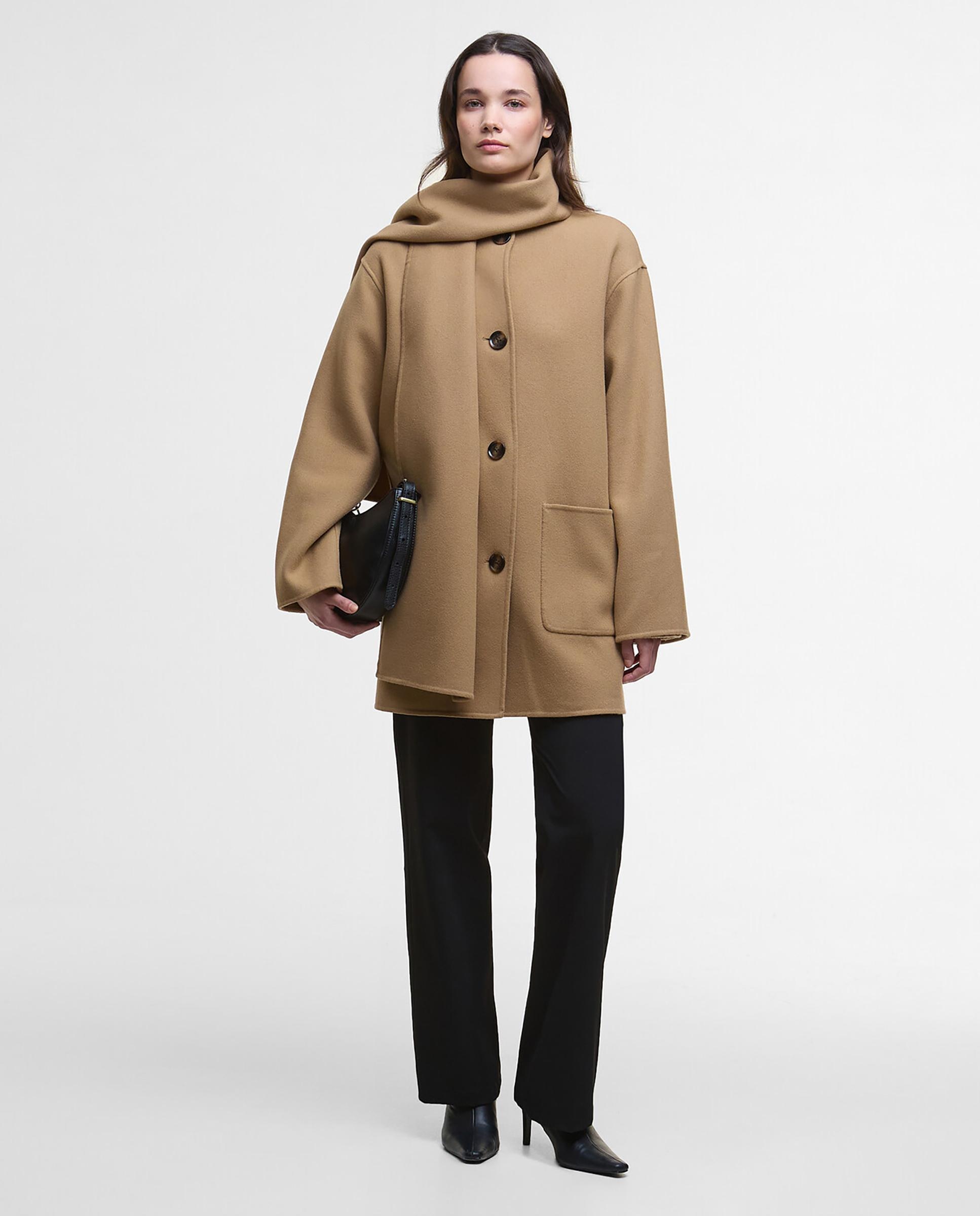 Abrigo de mujer de corte recto y cuello amplio con bufanda integrada - Barbour - Camel Camel-3
