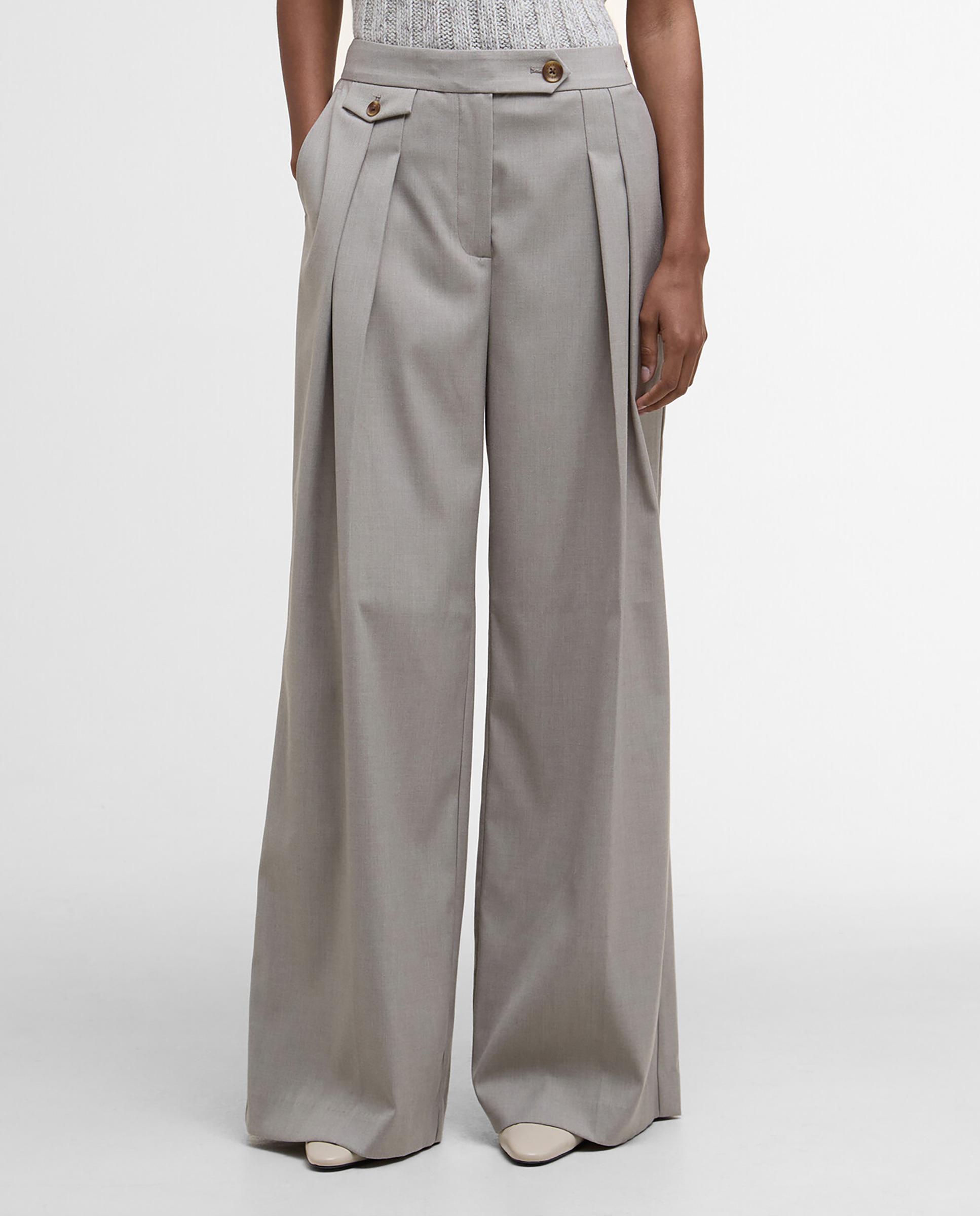 Pantalón recto de mujer con cierre de botón y pinzas delanteras - Barbour - Gris Gris-1