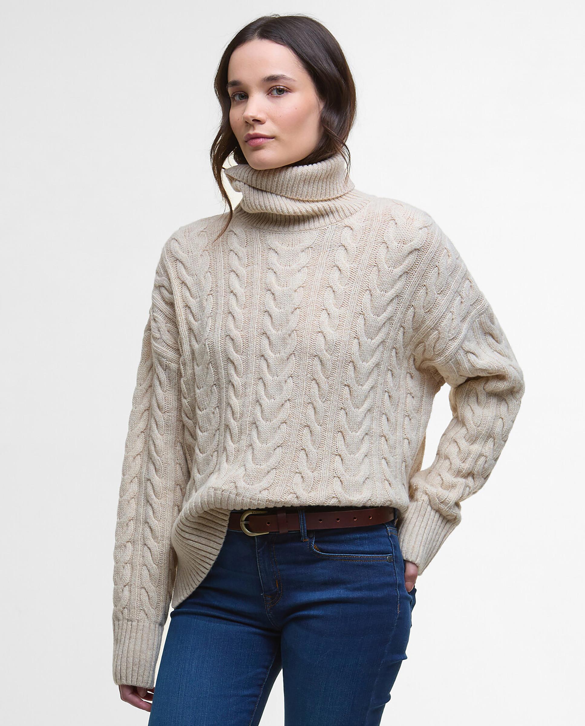 Jersey de mujer de punto grueso con corte ligeramente amplio y cuello acanalado con diseño de espiga - Barbour - Beige Beige-1