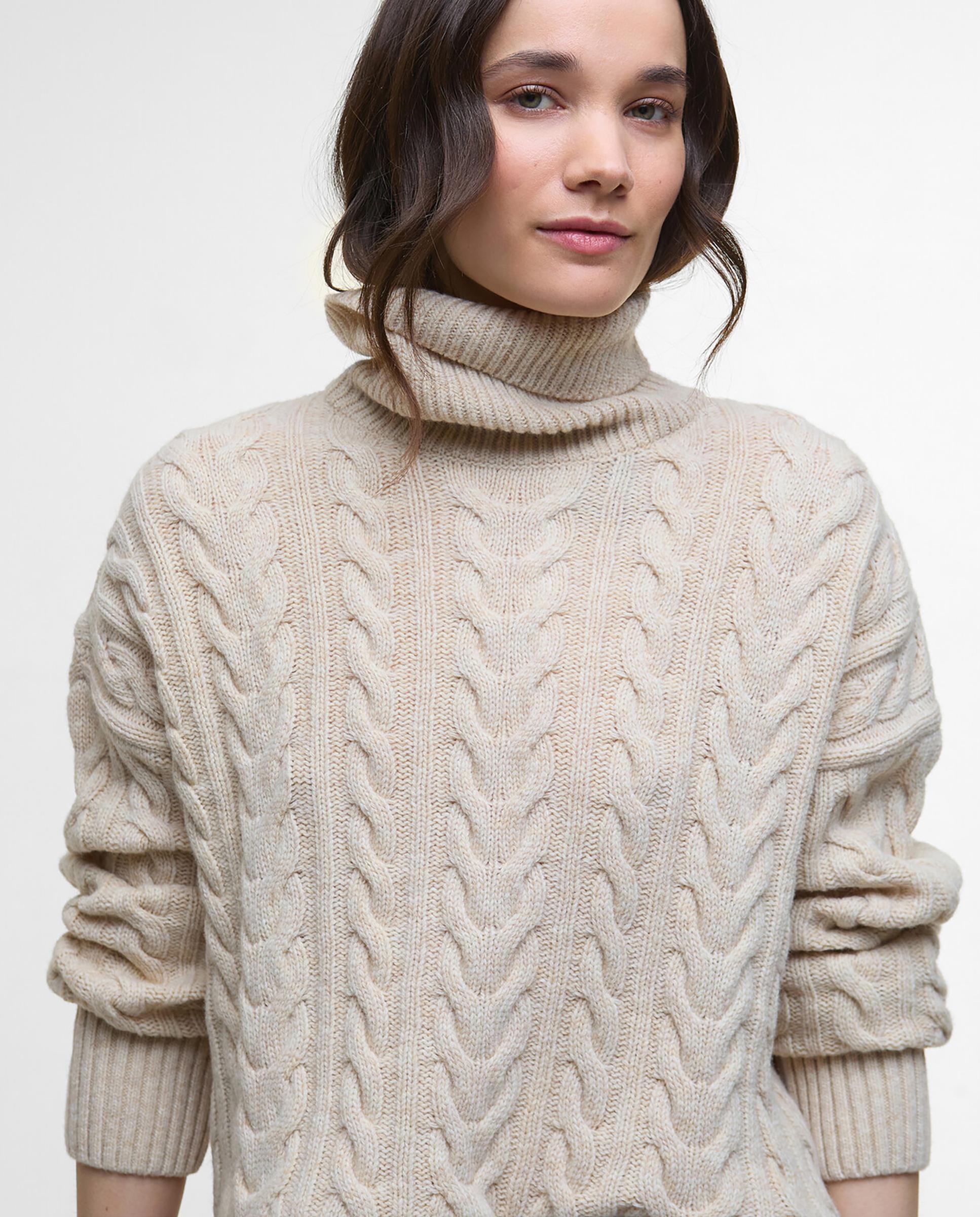 Jersey de mujer de punto grueso con corte ligeramente amplio y cuello acanalado con diseño de espiga - Barbour - Beige Beige-4