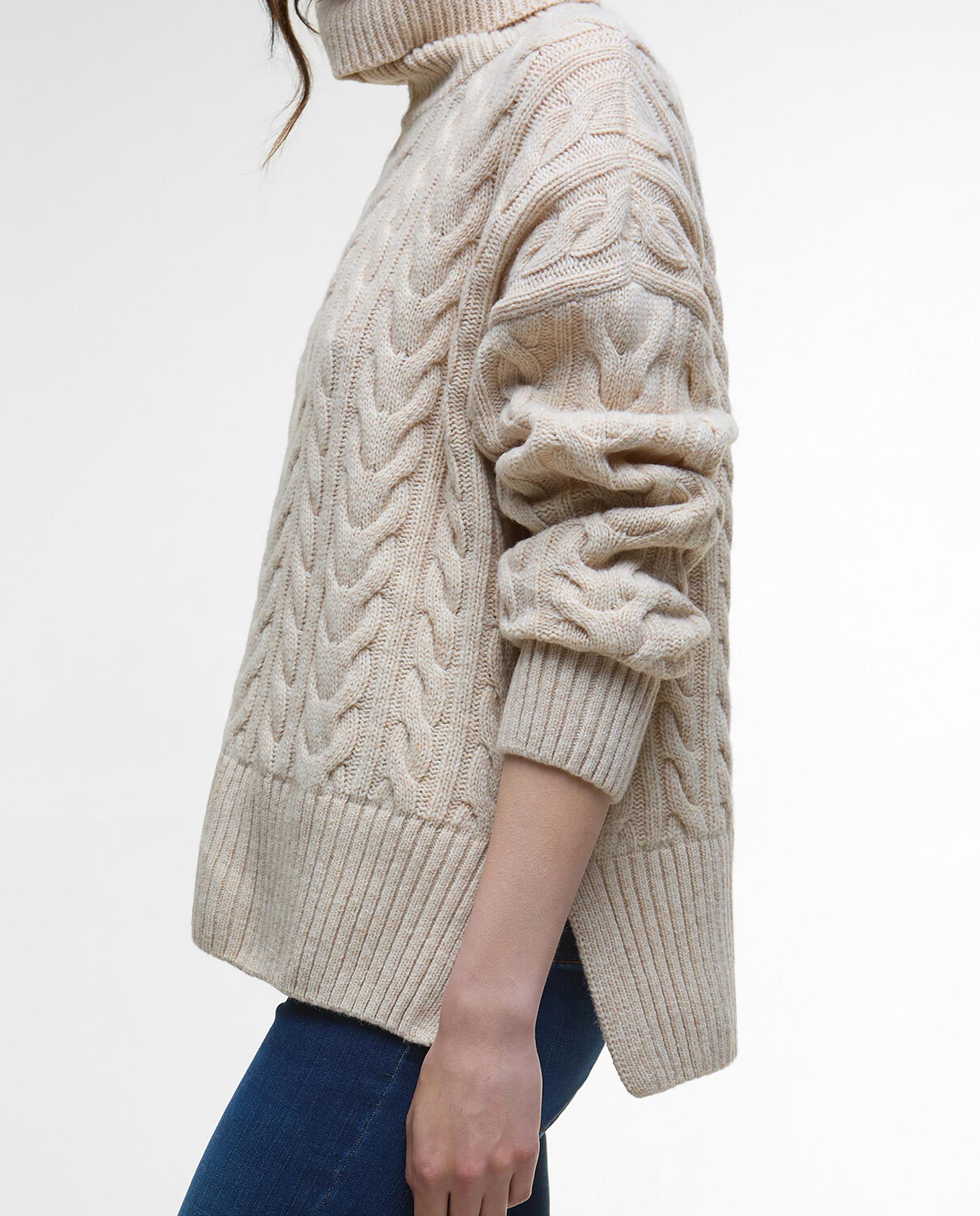 Jersey de mujer de punto grueso con corte ligeramente amplio y cuello acanalado con diseño de espiga - Barbour - Beige Beige-5