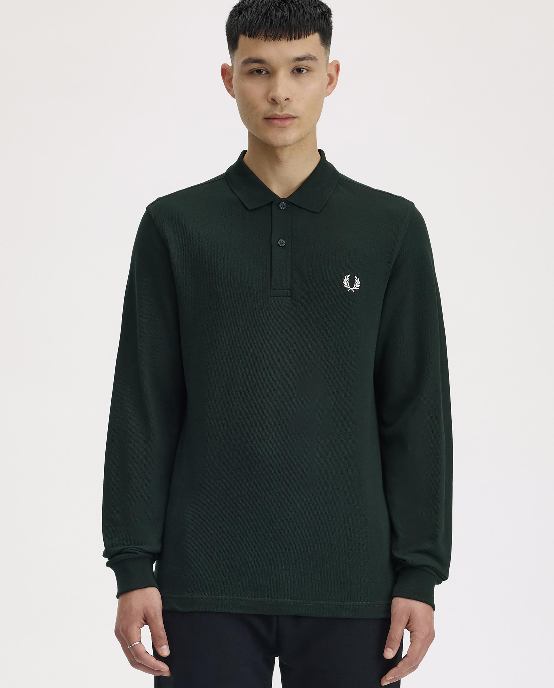 Imagen 1 de Polo de hombre liso de manga larga en piqué de algodón Verde oscuro