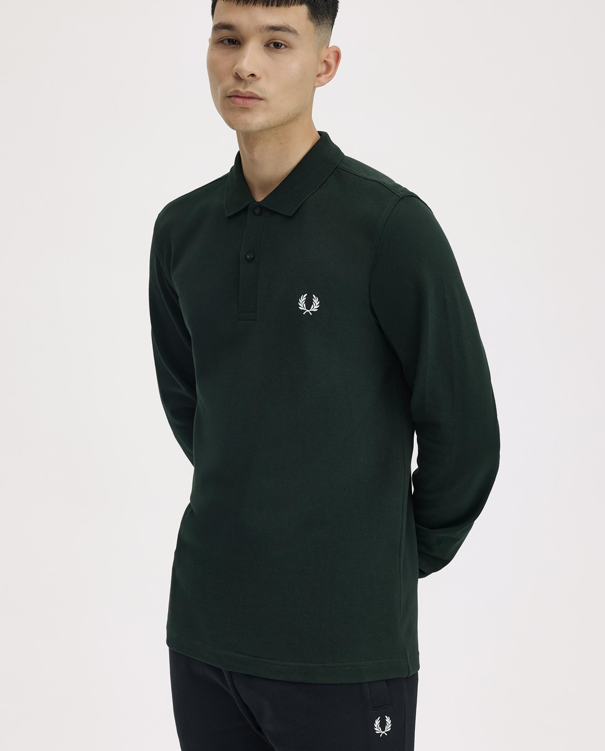 Imagen 3 de Polo de hombre liso de manga larga en piqué de algodón - Fred Perry - Verde oscuro Verde oscuro