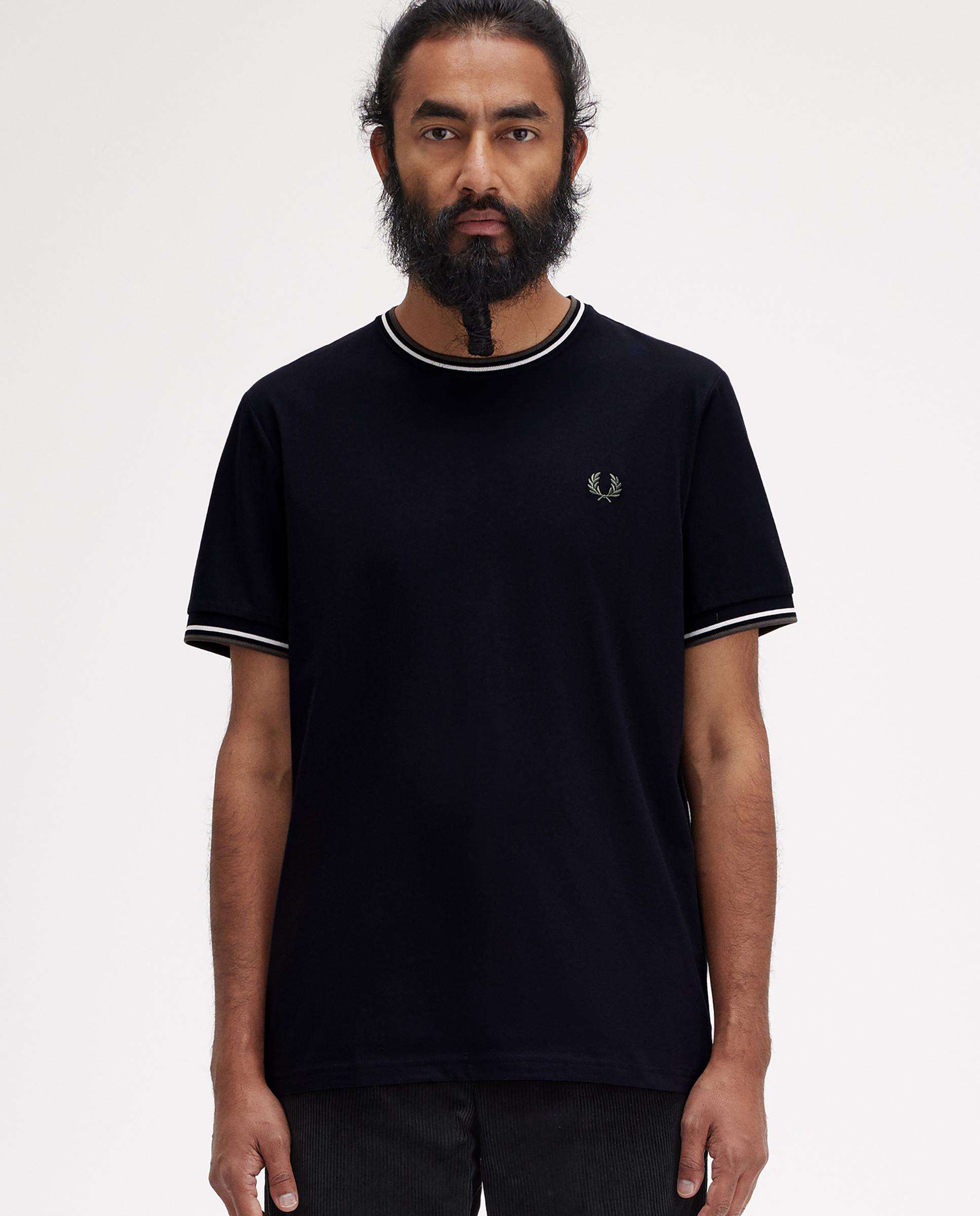 Camiseta de manga corta de hombre con ribete con dos franjas - Fred Perry - Negro Negro-1