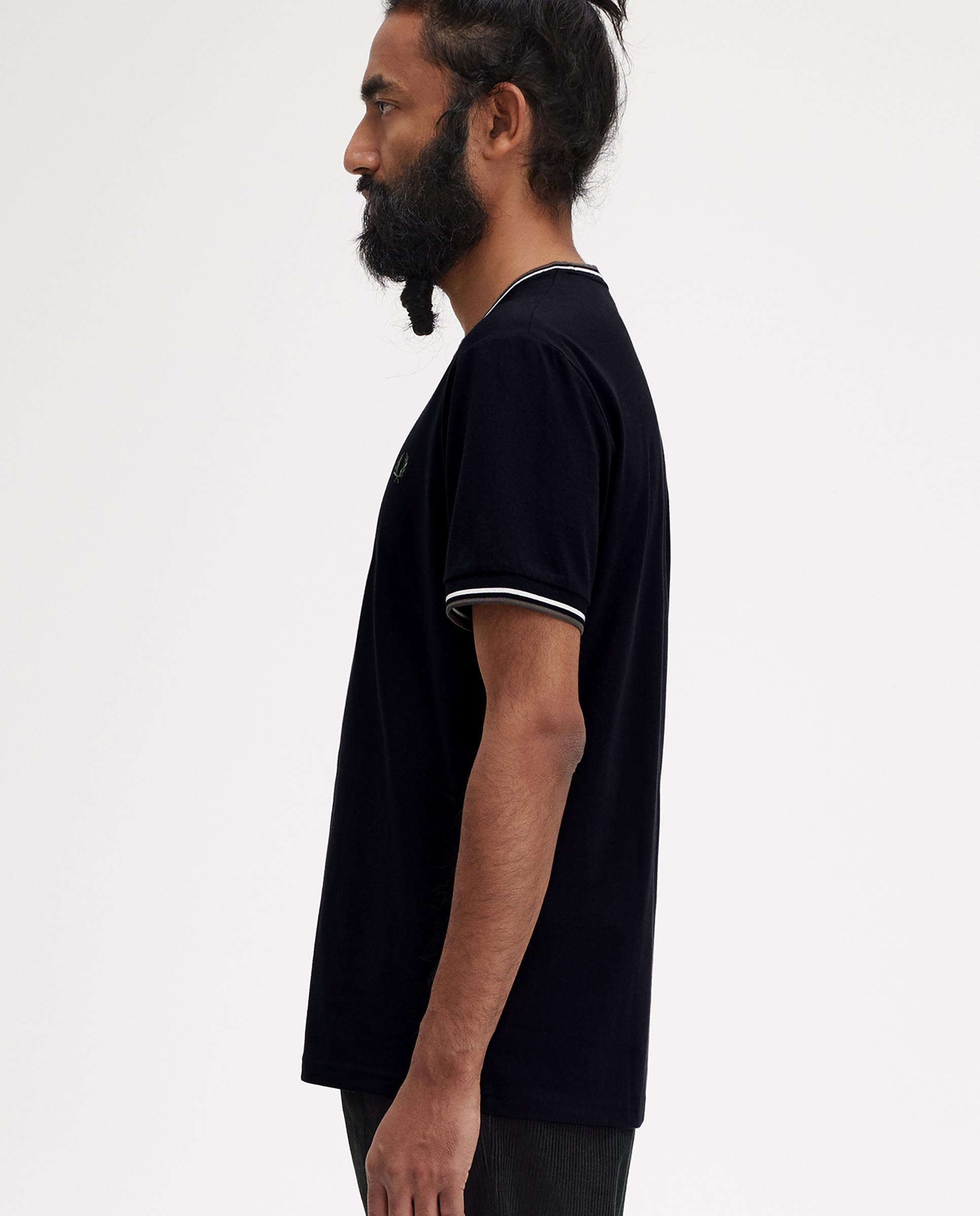 Camiseta de manga corta de hombre con ribete con dos franjas - Fred Perry - Negro Negro-2