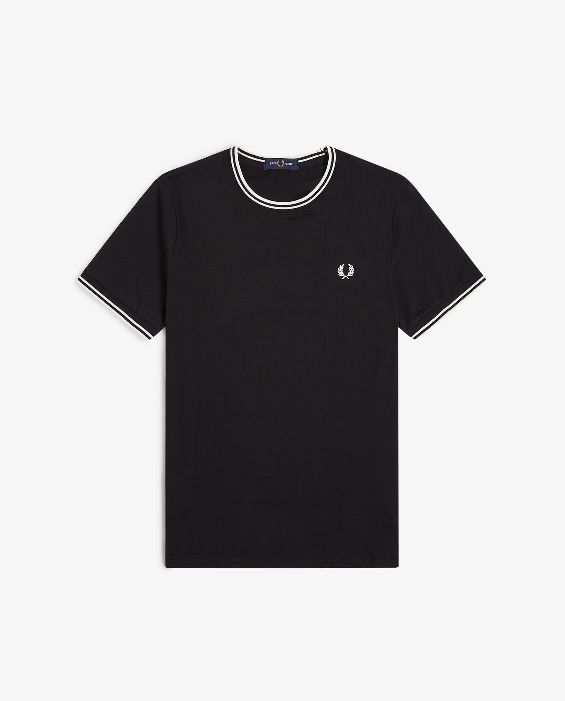 Imagen 6 de Camiseta de manga corta de hombre con ribete con dos franjas - Fred Perry - Negro / Blanco Negro / Blanco
