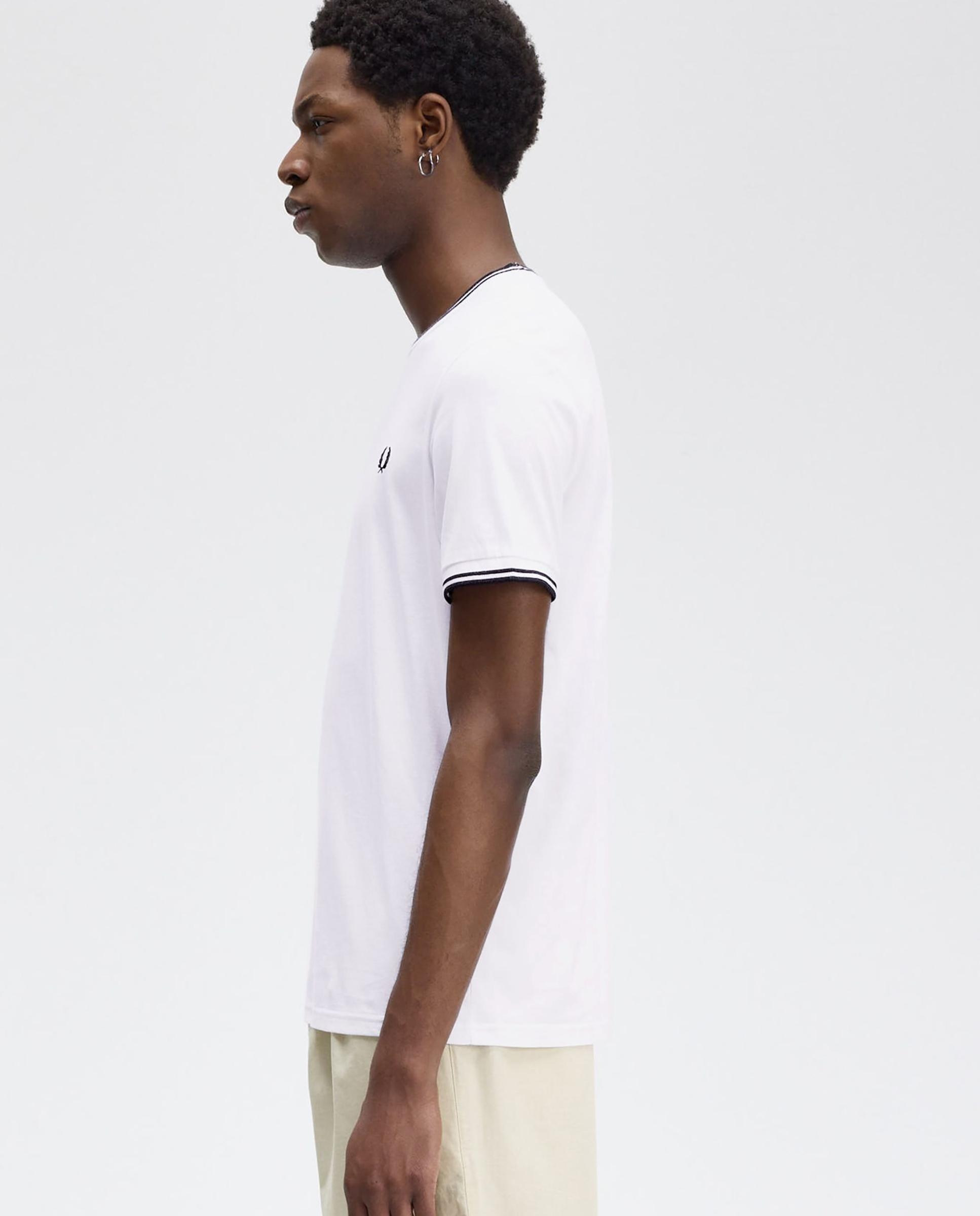Imagen 2 de Camiseta de manga corta de hombre con ribete con dos franjas - Fred Perry - Blanco / Negro Blanco / Negro