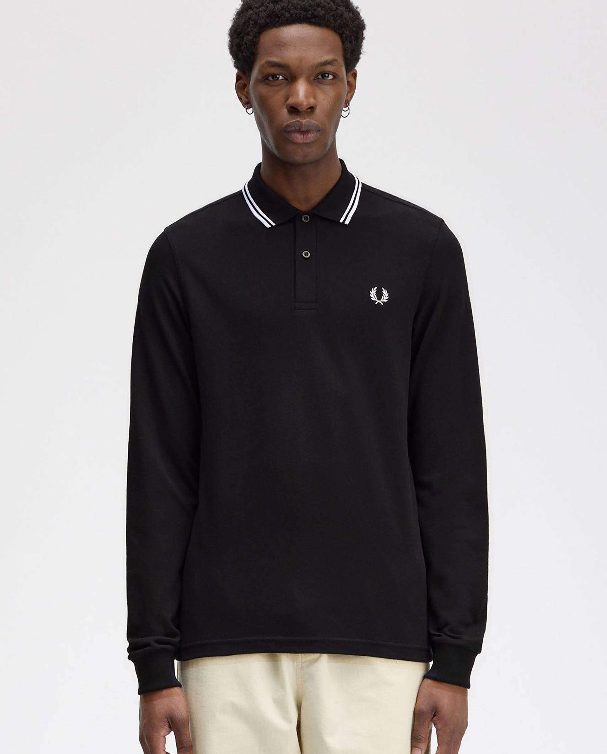 Polo de hombre de piqué de algodón manga larga - Fred Perry - Negro / Blanco Negro / Blanco-1