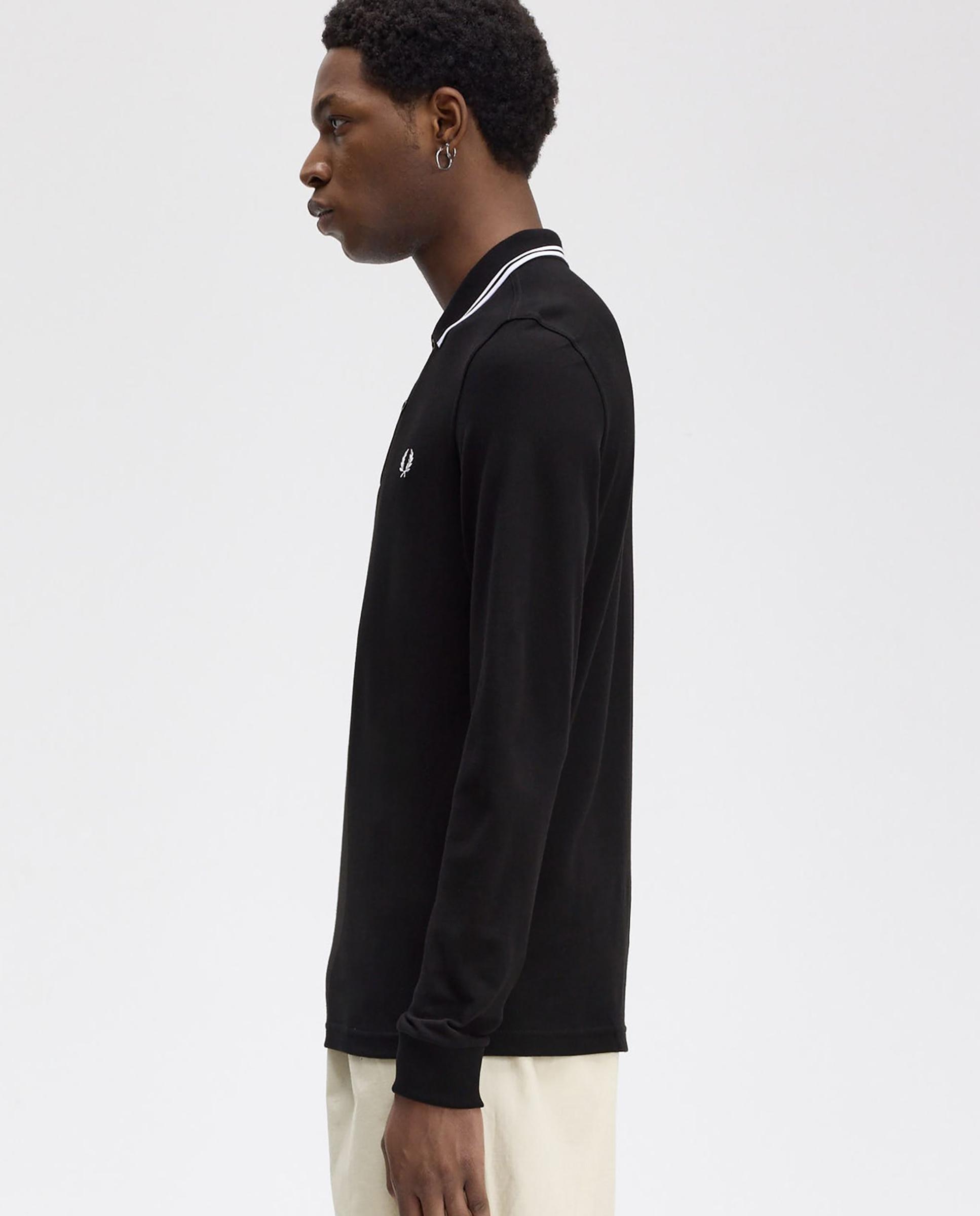 Polo de hombre de piqué de algodón manga larga - Fred Perry - Negro / Blanco Negro / Blanco-2