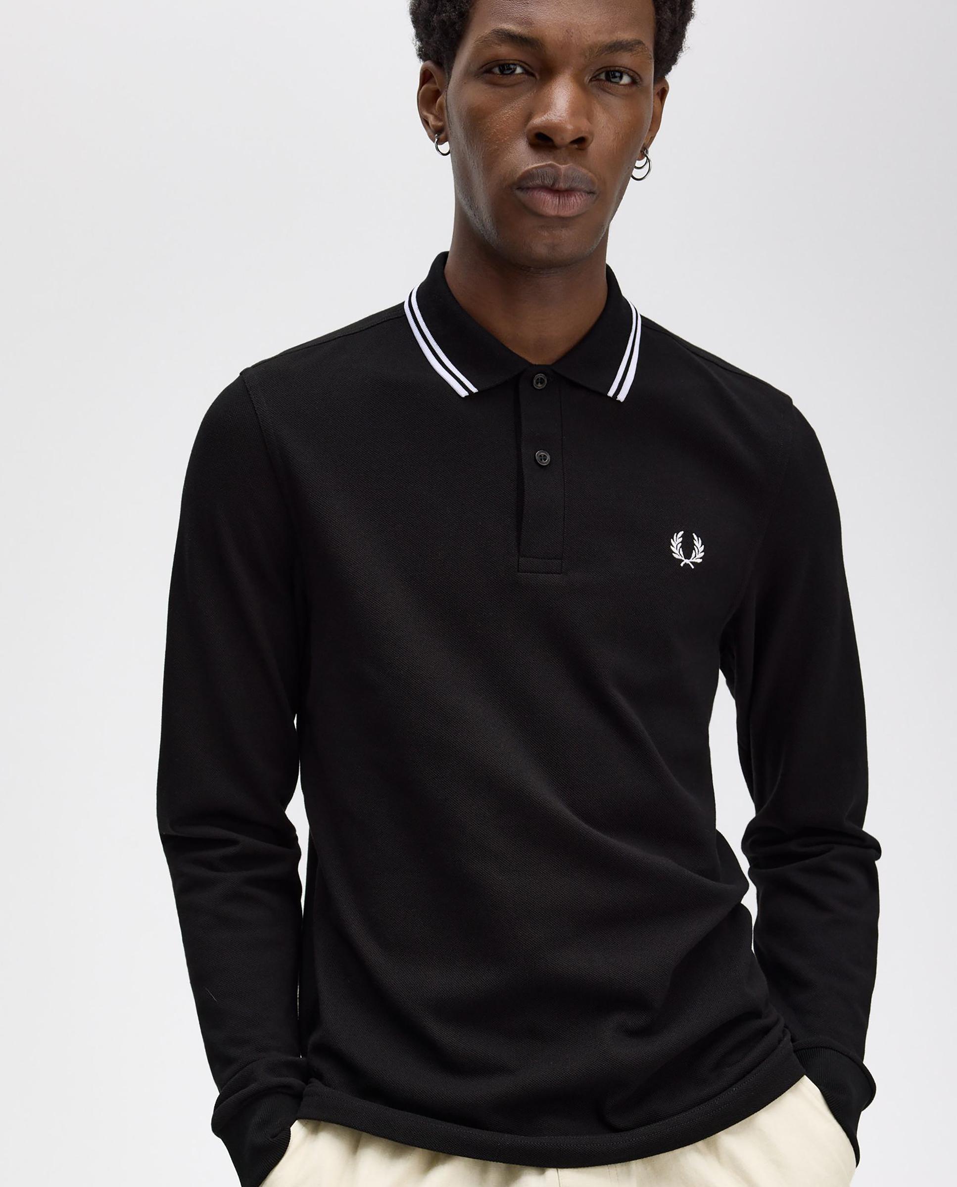 Polo de hombre de piqué de algodón manga larga - Fred Perry - Negro / Blanco Negro / Blanco-4